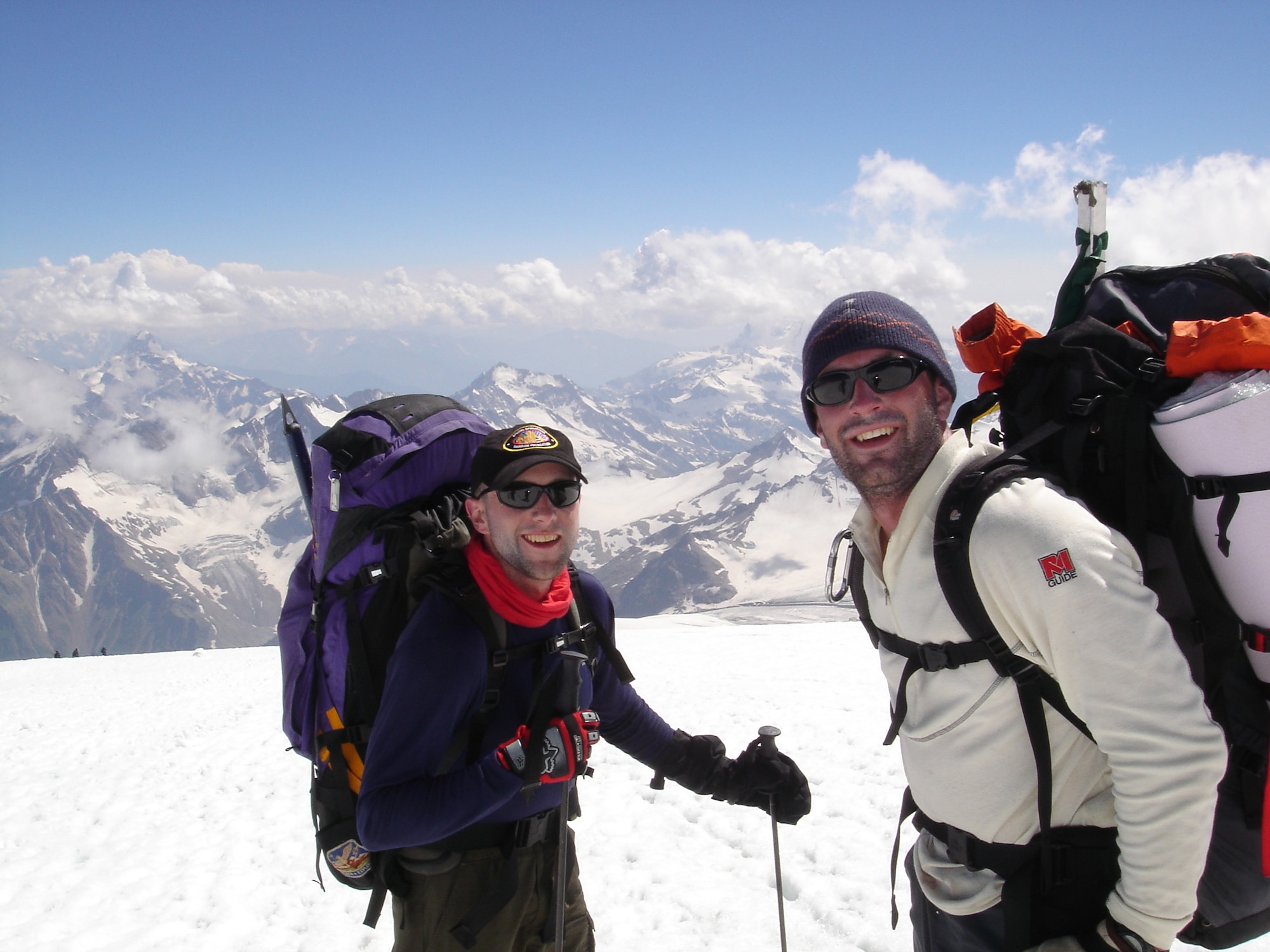 Capt. Rob Marshall, a member of the 8th Special Operations Squadron, skis down from the summit of Mt. Elbrus, the highest peak in Russia, with fellow Airman and mountaineer Capt. Mark Uberuaga, now with the 55th Rescue Squadron, Davis-Monthan Air Force Base, N.M., after completing their first climb as part of the U.S. Air Force Seven Summits Challenge in July 2005. The U.S. Air Force Seven Summits Challenge is an endeavor for Air Force members to carry the Air Force flag to the highest point on each continent and to be the first U.S. military group to conquer all seven peaks. (Courtesy Photo/released)                               