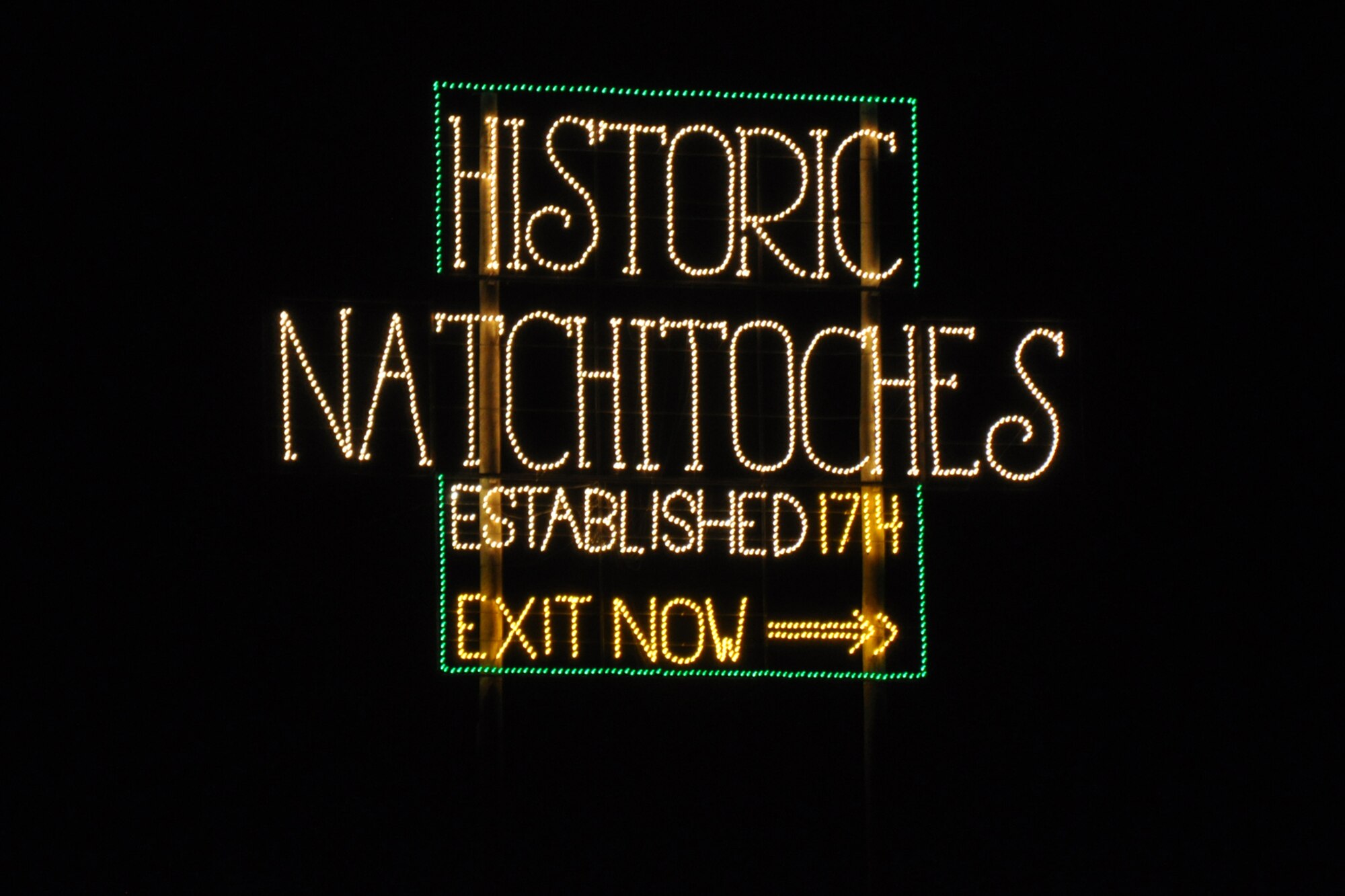 Here’s one of the lighted signs on Interstate 49 at the entrance of historic city Natchitoches, La., Oct 25, 2010. Established in 1714 by Louis Juchereau de St. Denis as part of French Louisiana, the community was named after the Natchitoches Indian tribe. It is the oldest permanent settlement in the Louisiana Purchase an the sister city of Nacogdoches, Texas. (Courtesy photo/Jeff Walston)