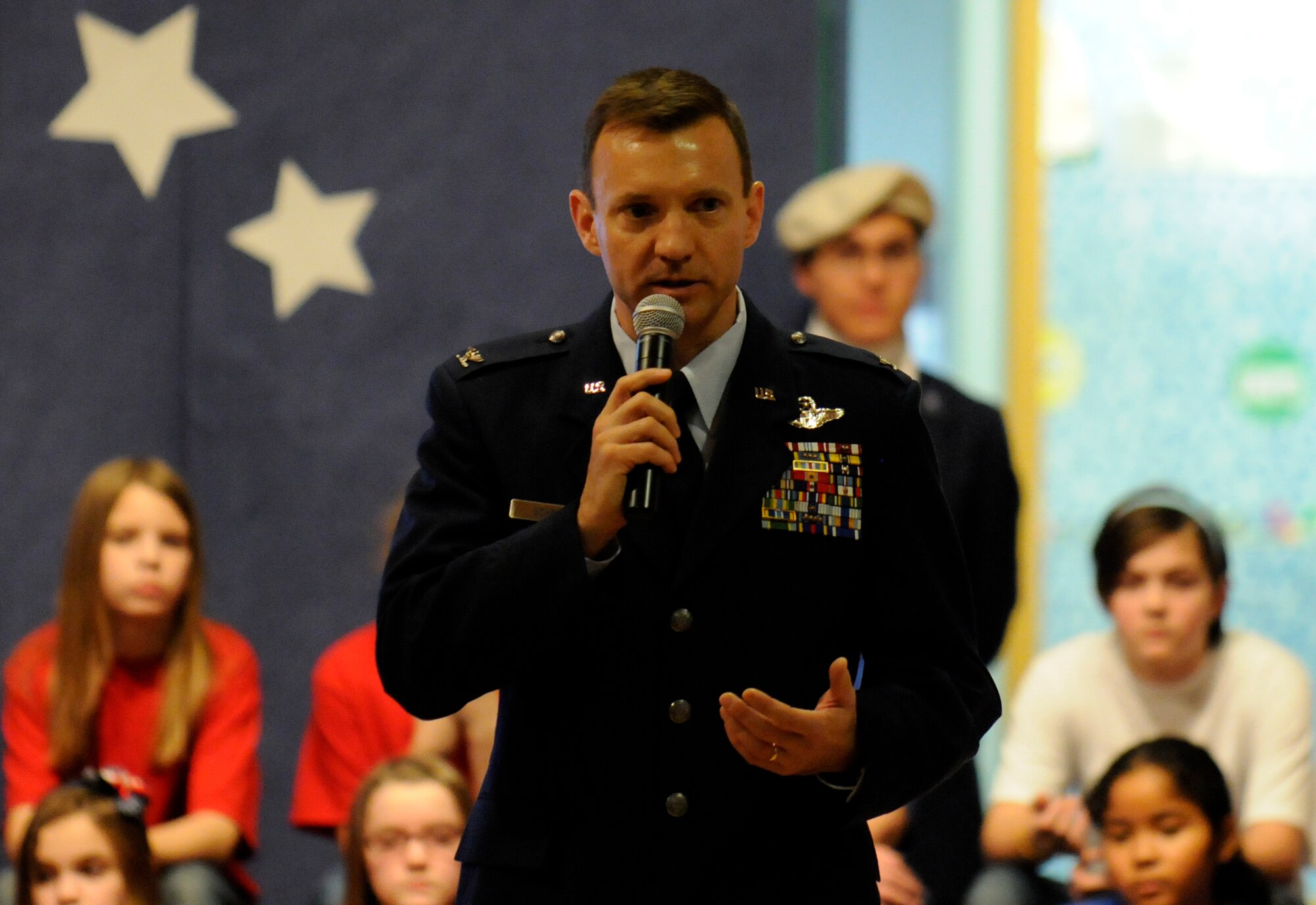 Guest speaker at Crawford Elementary School, Col. Lynn Scheel, shares his thoughts on the importance of remembering veterans and their sacrifices Nov. 11, 2010, Eielson Air Force Base, Alaska.  The program highlighted the sacrifices veteran?s have made, allowing fellow Americans from all walks of life to enjoy the liberties and freedoms of our country.  Colonel Scheel is assigned to the 354th Fighter Wing as Vice Wing Commander.  (U.S. Air Force photo by/ Airman 1st Class Yash Rojas)