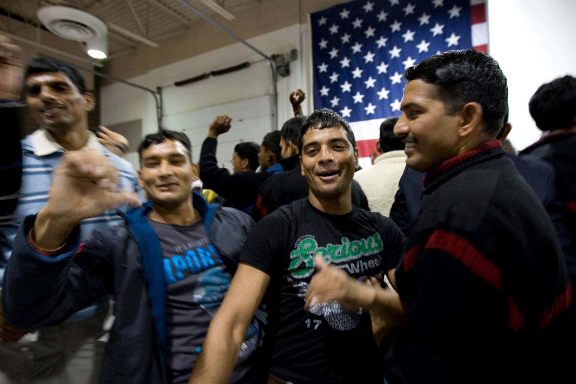 JOINT BASE ELMENDORF-RICHARDSON, Alaska - Indian Army soldiers get down to the many Indian hip-hop beats that were played following the dinner. (U.S. Air Force Photo/Percy Jones)