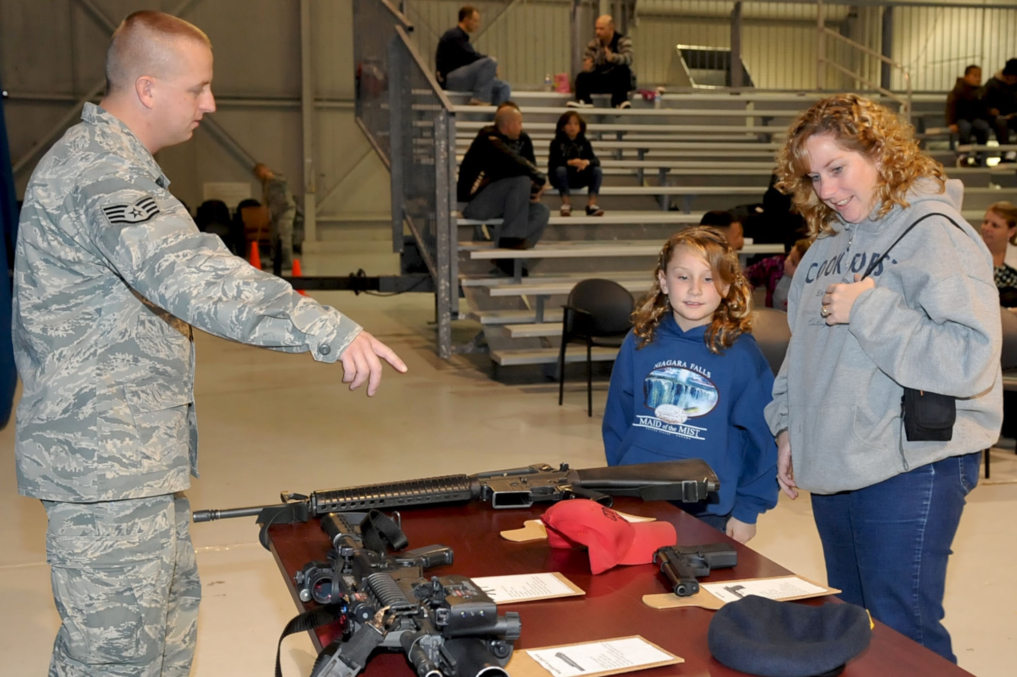 LANGLEY AIR FORCE BASE, Va. -- Staff Sgt. Troy Smart, combat arms training and maintenance instructor with 633d Security Forces Squadron, explains to Christina Schabron and her daughter, Katie, the nomenclature of the various military weapons used on deployment during Operation Hero at the static display hanger Nov. 13. The annual event is held to give military children the experience of what their parents go through during the pre-deployment process. (U.S. Air Force photo/Staff Sgt. Ashley Hawkins)(RELEASED)