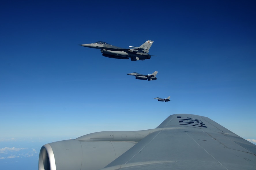 Three F-16 Fighting Falcons from the 140th Fighter Wing, Buckley, Colo., maintain their position as they wait for the last aircraft of their four-ship formation to refuel during CRUZEX November 15, 2010. The 140th Fighter Wing is participating in CRUZEX V, or Cruzeiro Do Sul (Southern Cross).  CRUZEX  is a multi-national combined exercise involving the Air Forces of Argentina, Brazil, Chile, France and Uruguay, and observers from numerous other countries with more than 82 aircraft and almost 3,000 Airmen involved. U.S. Air Force Photo by Master Sgt. Kelly Deitloff