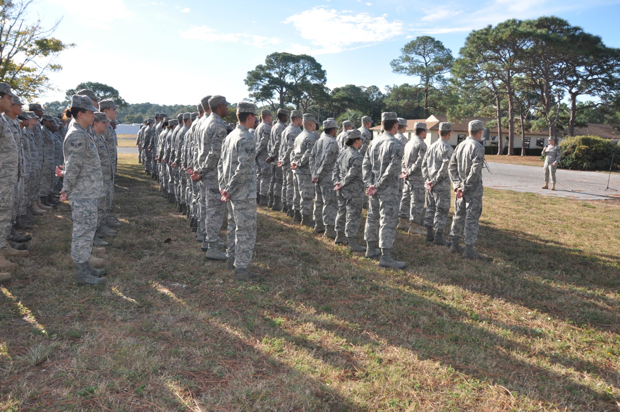 Chief Master Sgt. Jackie Green, 325th Fighter Wing command chief, addresses Tyndall dorm residents Nov. 12 before beginning the dorm cleanup. (U.S. Air Force photo by Airman 1st Class Rachelle Elsea)