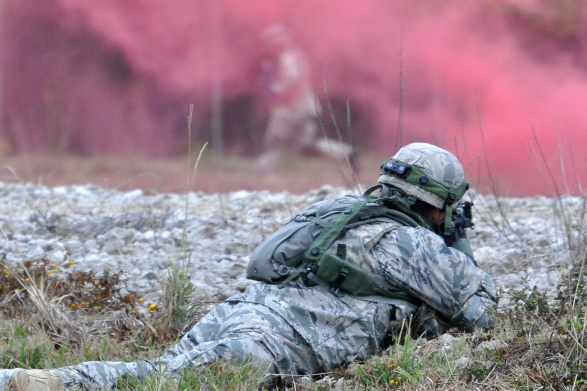 Technical Sgt. Melvin Cargill, 917th Security Forces Squadron tactics team, takes out an aggressor during the Firing and Tactics Event at Camp Minden in Louisiana, Nov. 13, 2010. The event was part of the first-ever Global Strike Challenge, which wrapped up at Barksdale Air Force Base, La., Nov. 17, 2010. A six-man team from the 917th SFS competed in the event against other teams from numerous bases involved in the competition. The Multiple Integrated Laser Engagement System or MILES, which uses lasers and blank cartridges to simulate actual battle, was used for the event to identify the Airmen who were killed. This system is used by the U.S. military and other armed forces around the world for training purposes. (U.S. Air Force photo/Tech. Sgt. Jeff Walston)
