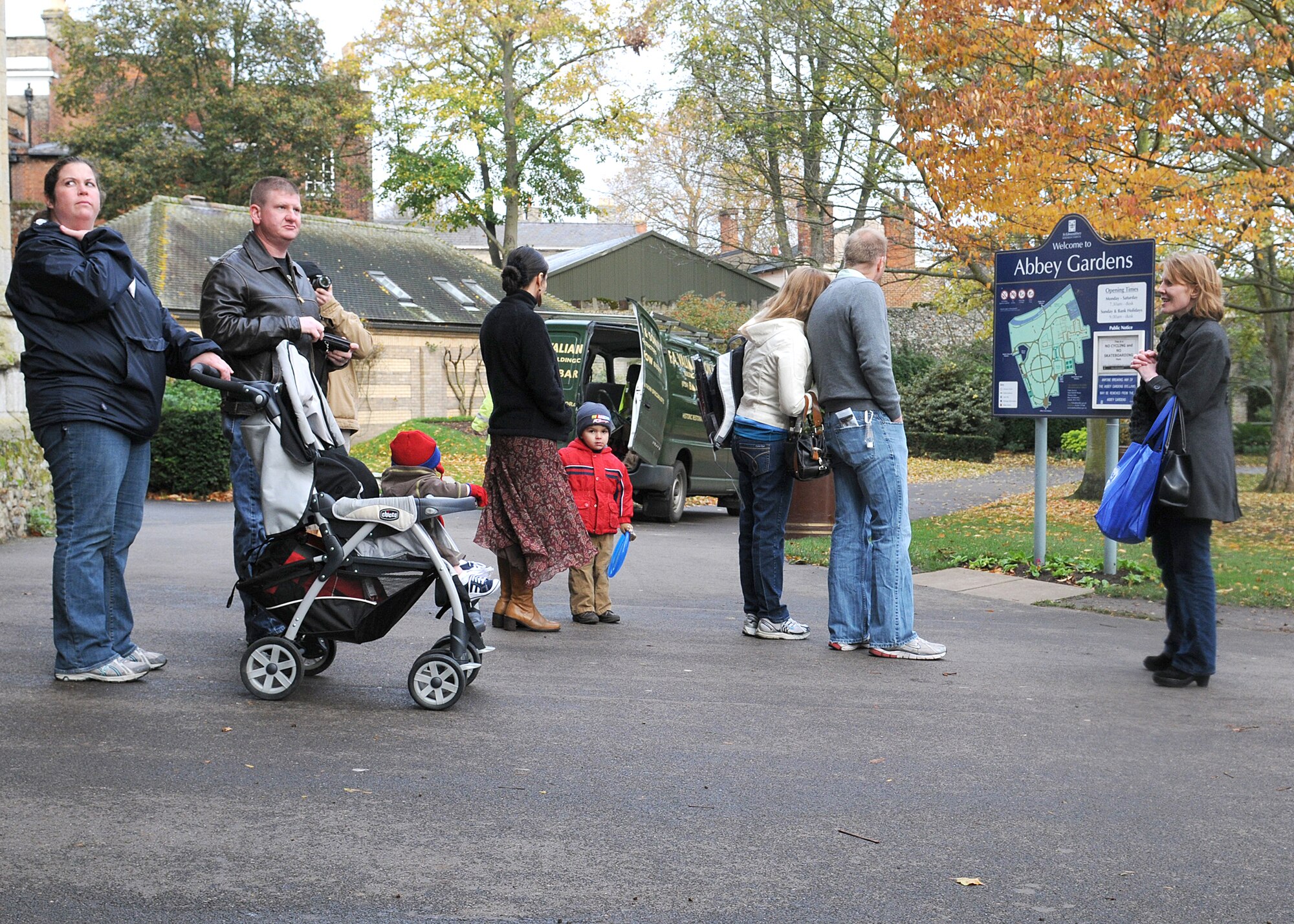 RAF MILDENHALL, England -- Jennifer Johnson, Airman and Family Readiness Center community readiness consultant (right), introduces RAF Mildenhall newcomers to the Abbey Gardens during the Newcomer's Bury Bus Tour in Bury St. Edmunds Nov. 11, 2010.  This tour is offered by the A&FRC to introduce newly-arrived personnel to the local area.  (U.S. Air Force photo/Senior Airman Tabitha M. Lee)