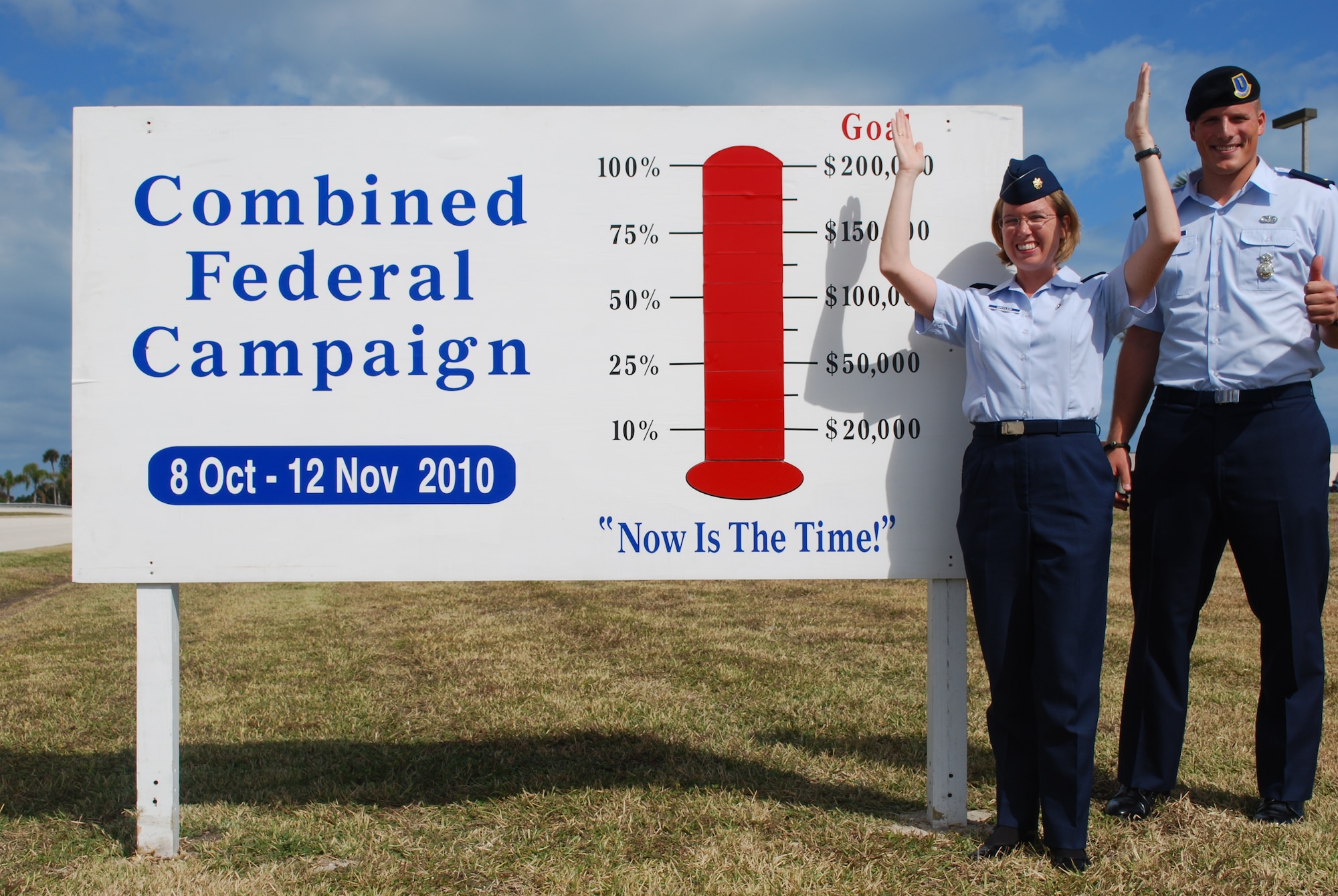 Maj. Jessica Spitler, 45th SW Medical Group, and 2nd Lt. Jake Paulson, 45th Security Forces Squadron, celebrate the end of a tremendous Combined Federal Campaign season.  The Wing and our mission partners topped our 2010 goal of $200,000 thanks to all of you.  “So many people will be helped by the generosity of the people here at Patrick,” said Maj. Spitler, the lead Project Officer for CFC. "Even though this has been a rough year economically for many, it seems that has only expanded the generosity of those of us here at Patrick.  This is a truly incredible feat and I just want to congratulate our leadership, our mission partners, and everyone involved with the campaign," she said.  The lives of one in four federal employees will be touched with the funds raised this year alone. 

