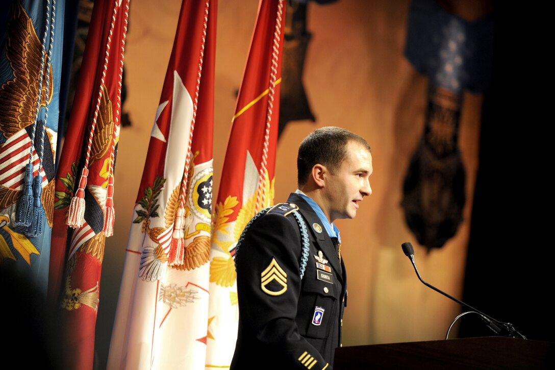 Medal of Honor recipient  Army Staff Sgt. Salvatore Giunta thanks his teammates from Company B, 2nd Battalion, Airborne, 503rd Infantry Regiment and all those in the room that helped shape his life, during his induction ceremony into the Hall of Heroes at the Pentagon, Nov. 17, 2010.