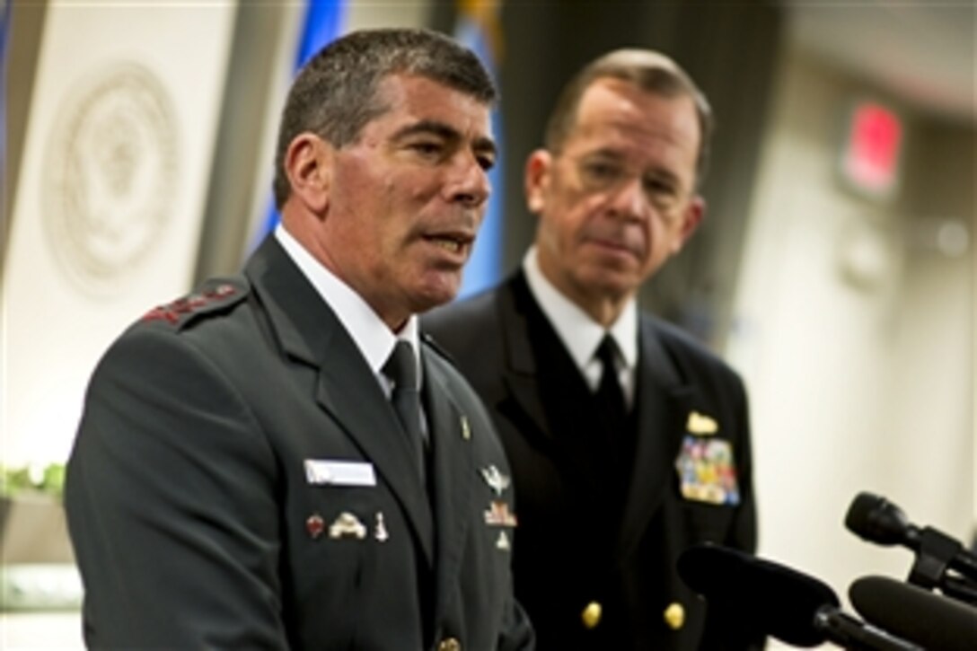 Navy Adm. Mike Mullen, right, chairman of the Joint Chiefs of Staff, and Israeli Chief of Defense Lt. Gen. Gabi Ashkenazi address the media durning a press availability at the Pentagon, Nov. 17, 2010.