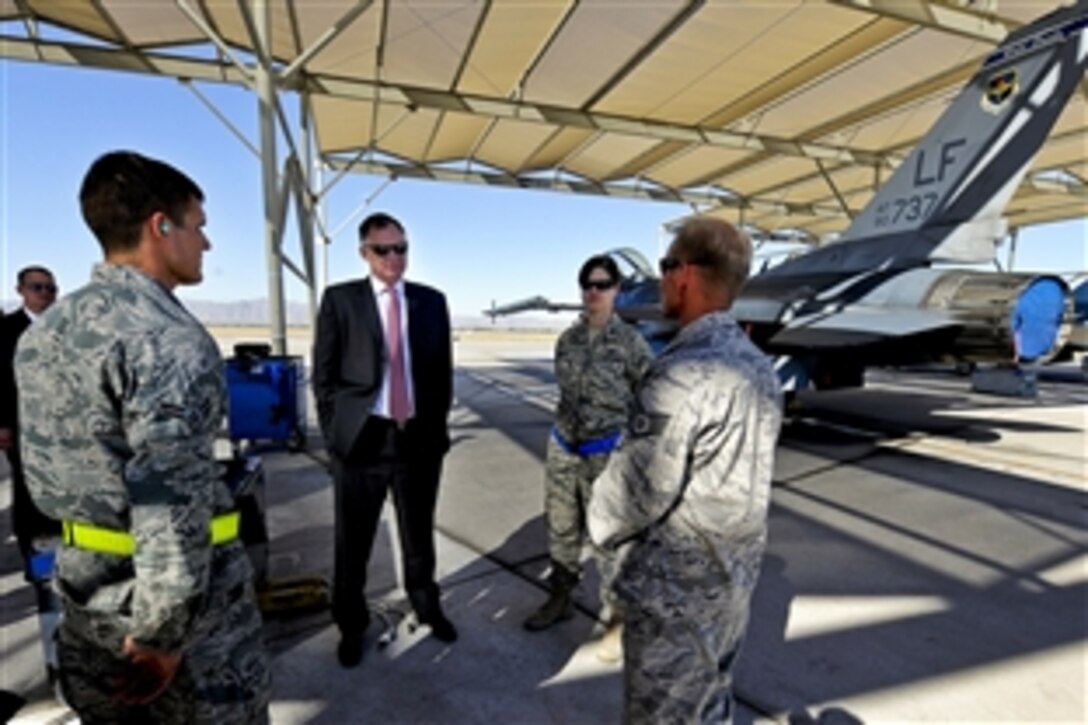 Deputy Defense Secretary William J. Lynn III talks to  airmen on the flightline on Luke Air Force Base, Ariz.., Nov. 17, 2010. 