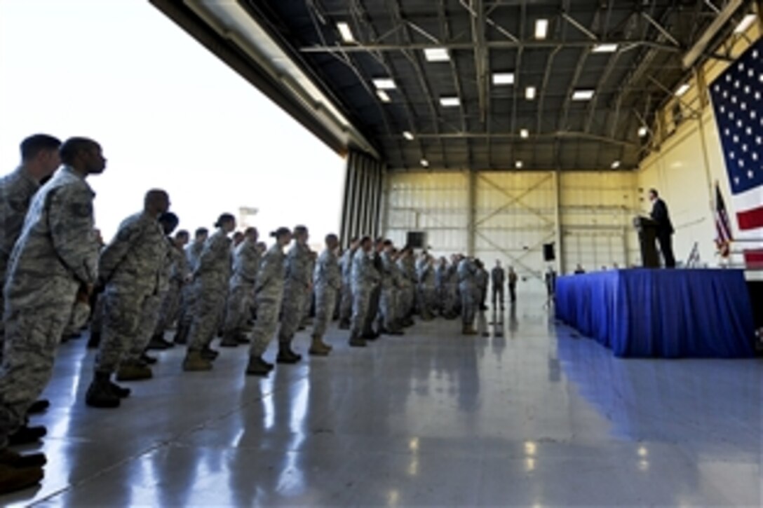 Deputy Defense Secretary William J. Lynn III talks to airmen in a hangar on the flightline on Luke Air Force Base, Ariz., Nov. 17, 2010.