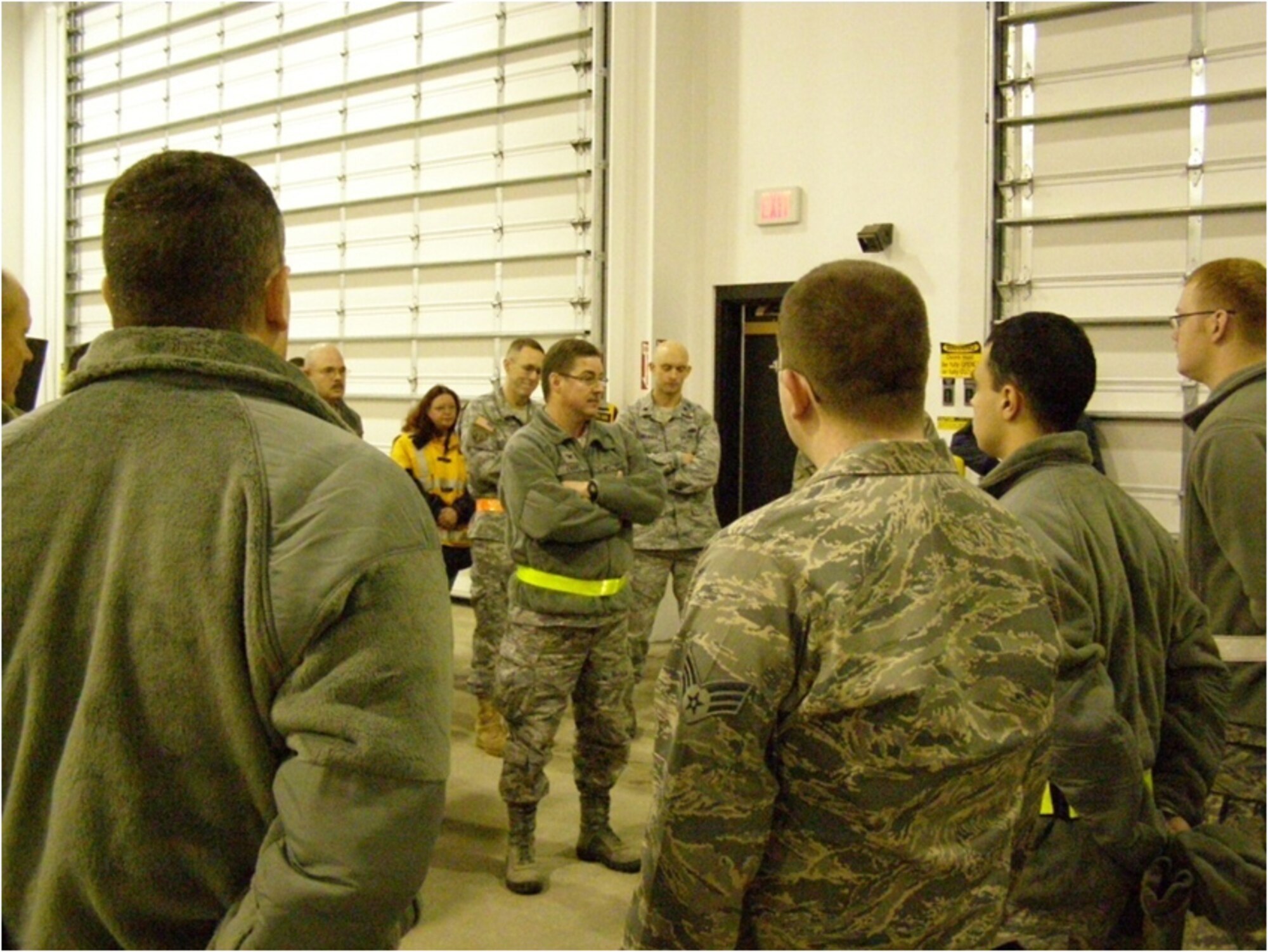 F-22 Aircraft Recovery Operation Ground Support, 18 November 2010, JOINT BASE ELMENDORF-RICHARDSON, Alaska.  Col Evans, briefing the team on the 
Importance of their mission. (U.S. Air Force courtesy photo)

