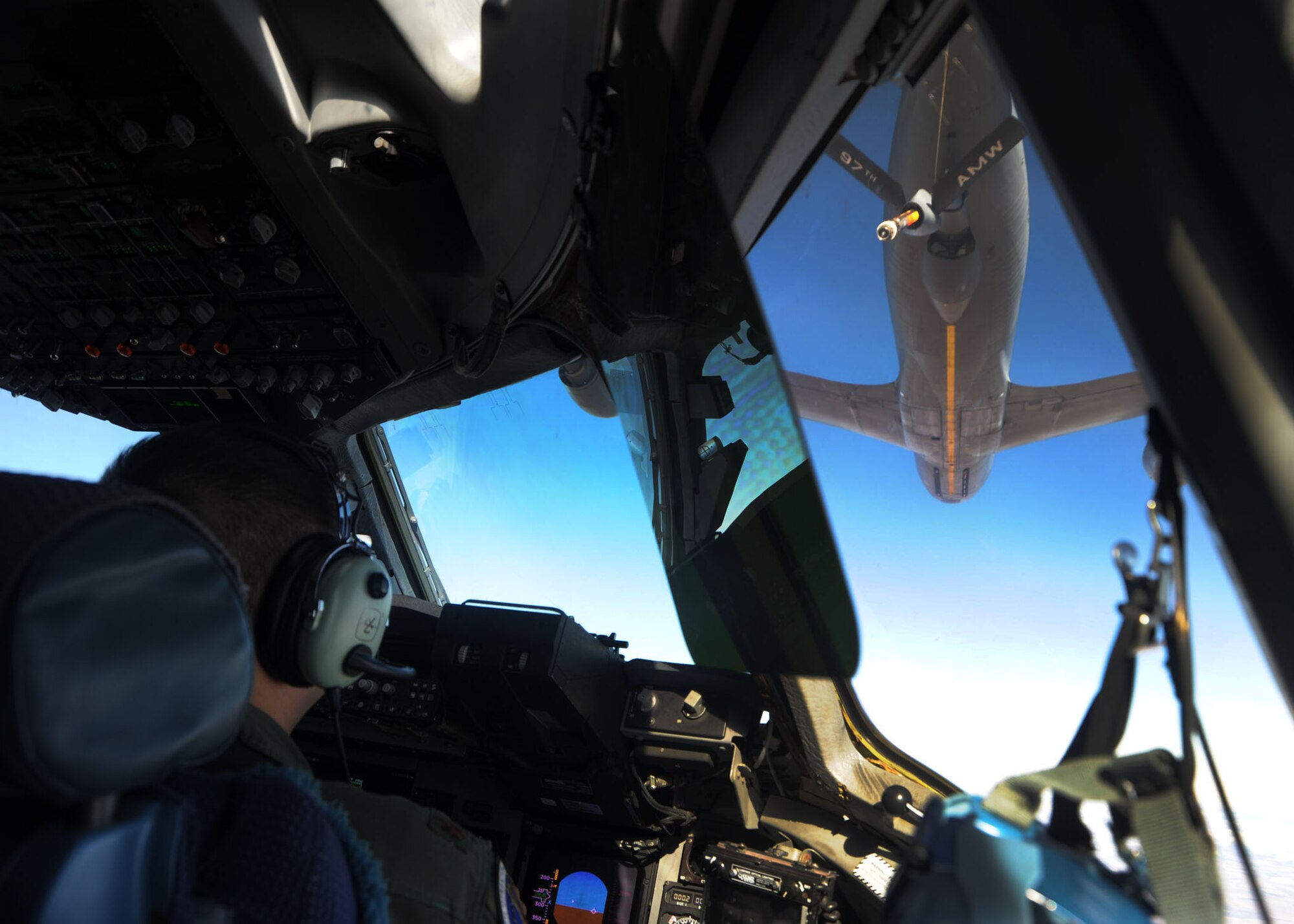 ALTUS AIR FORCE BASE, Okla. - U.S. Air Force Maj. Mike Coppola, 97th Operations Group, manuvers a C-17 Globemaster III for an air refueling sequence during a Mobility Air Force Exercise Nov. 17. The MAFEX is a biannual Air Force-wide training opportunity hosted by the Air Force Weapons School at Nellis AFB, Nev. (U.S. Air Force photo by Airman 1st Class Myles Stepp / 97th Air Mobilty Wing Public Affairs)   