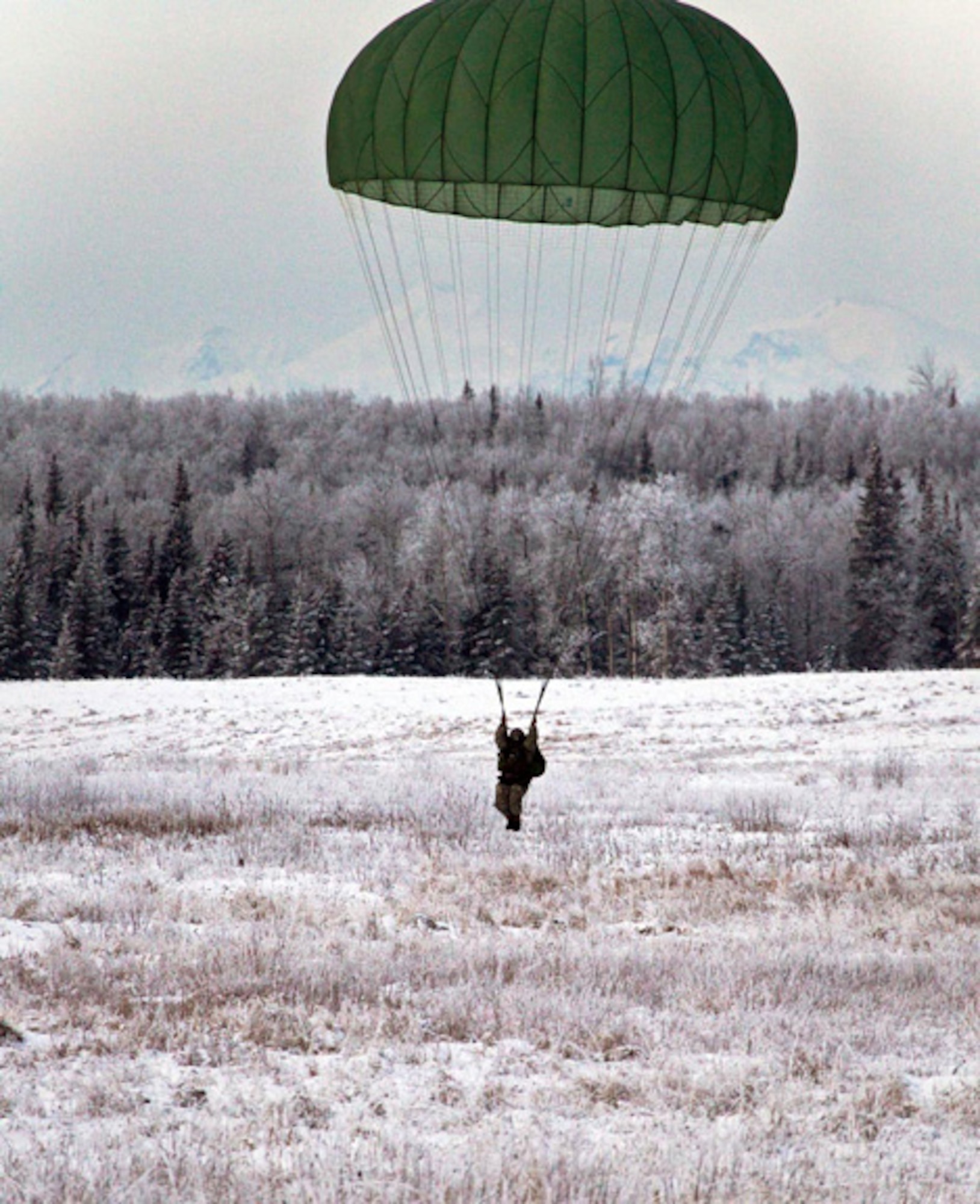 An Indian army soldier lands at Malamute drop zone on Joint Base Elmendorf-Richardson after an airborne jump, Nov. 10, during the combined training exercise Yudh Abhyas 2010. (U.S. Army photo/Spc. Ashley Armstrong)