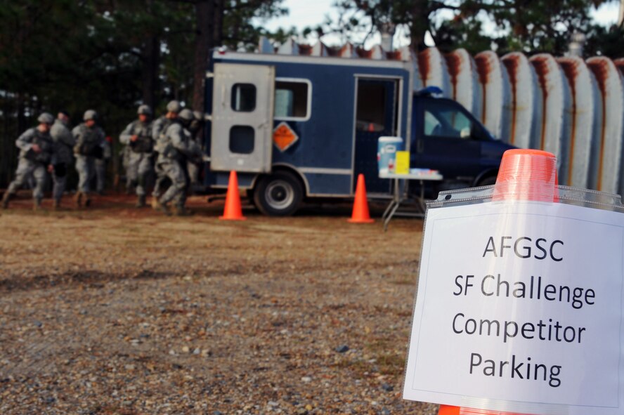 Members of the 28th Security Forces Squadron from Ellsworth Air Force Base, N.D., prepare to participate in the M4 competition during Global Strike Challenge at Fort Polk, La., Nov. 14.  More than 400 participants took part in competitions at various locations on and off base. Teams have the opportunity to display their innovative thinking, teamwork and esprit de corps. (U.S. Air Force photo/Senior Airman Brittany Y. Bateman)(RELEASED)