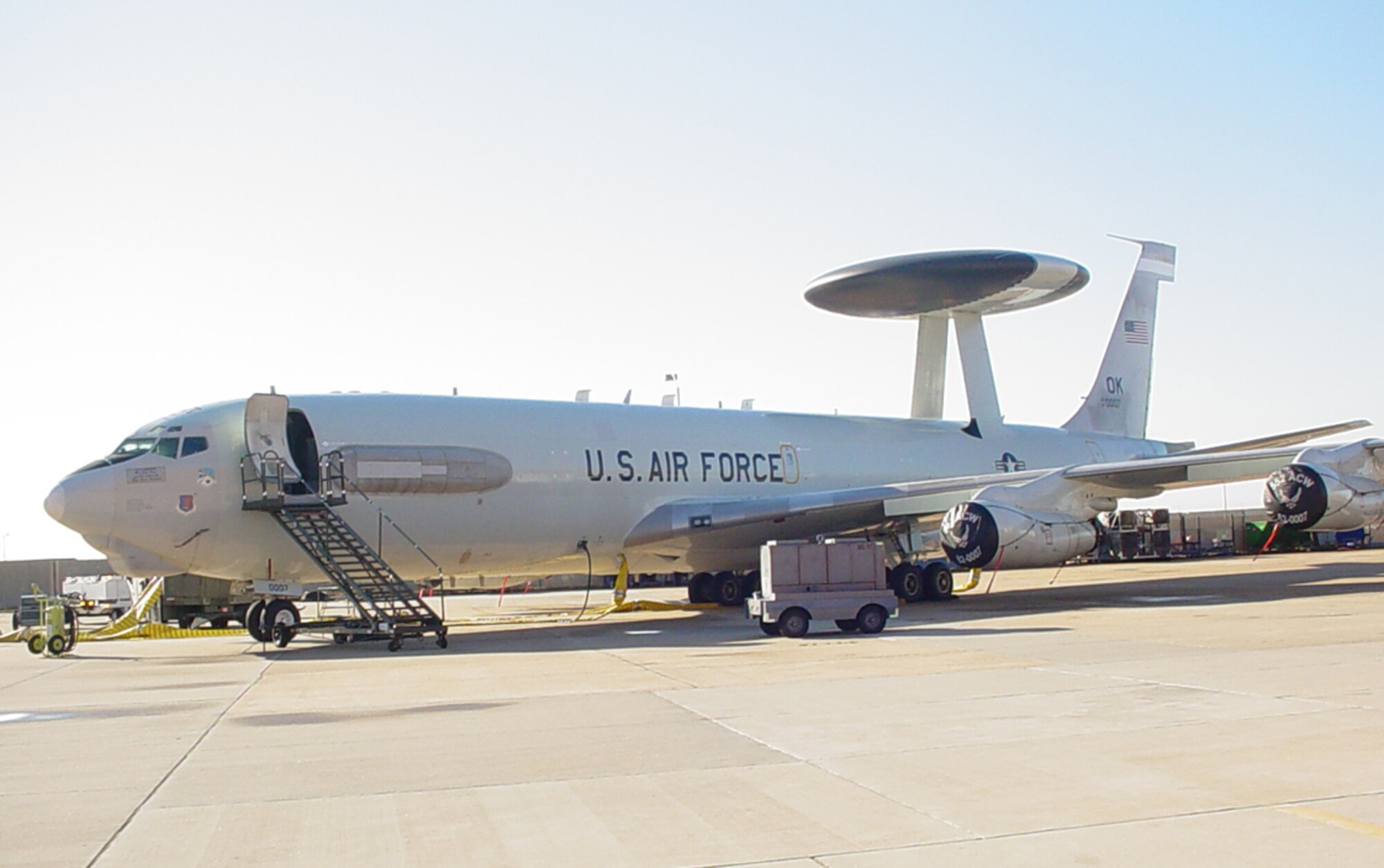 The first AWACS aircraft that will be receiving the block 40/45 upgrade sits outside the Programmed Depot Maintenance hangar at Tinker Air Force Base, Okla., awaiting pre-checks prior to PDM and the installation of the upgrade.   An induction ceremony is scheduled for today. (Courtesy photo)
