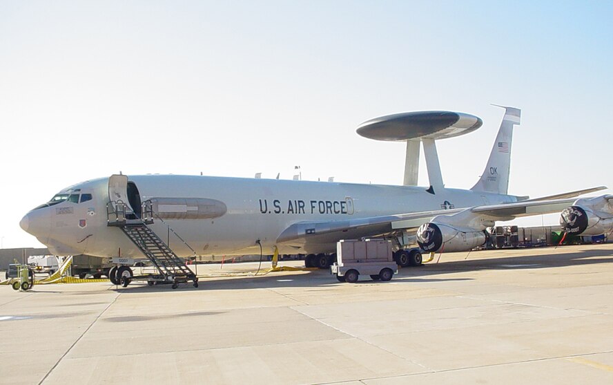 The first AWACS aircraft that will be receiving the block 40/45 upgrade sits outside the Programmed Depot Maintenance hangar at Tinker Air Force Base, Okla., awaiting pre-checks prior to PDM and the installation of the upgrade.   An induction ceremony is scheduled for today. (Courtesy photo)
