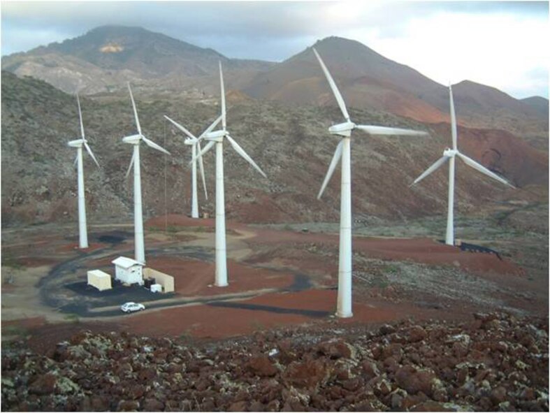Wind turbines, such as these on Ascension Island, could be part of the energy-source mix for the massive radars to be built and operated under the Space Fence program being managed by the Electronic Systems Center.  (Courtesy photo).
