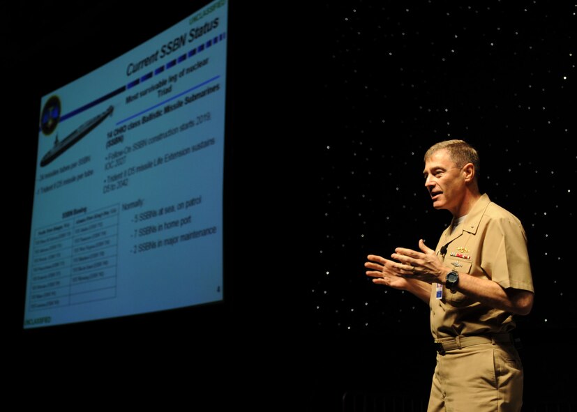 Rear Adm. Fritz Roegge, Joint Functional Component Command for Global Strike at U.S. Strategic Command deputy commander, speaks about the U.S. Navy?s nuclear deterrence mission, during the Air Force Global Strike Command Technology and Innovation Symposium at the Shreveport Convention Center Shreveport, La., Nov. 17. The symposium will focused on efforts to strengthen the nuclear enterprise. (U.S. Air Force photo/Airman 1st Class Sean Martin)