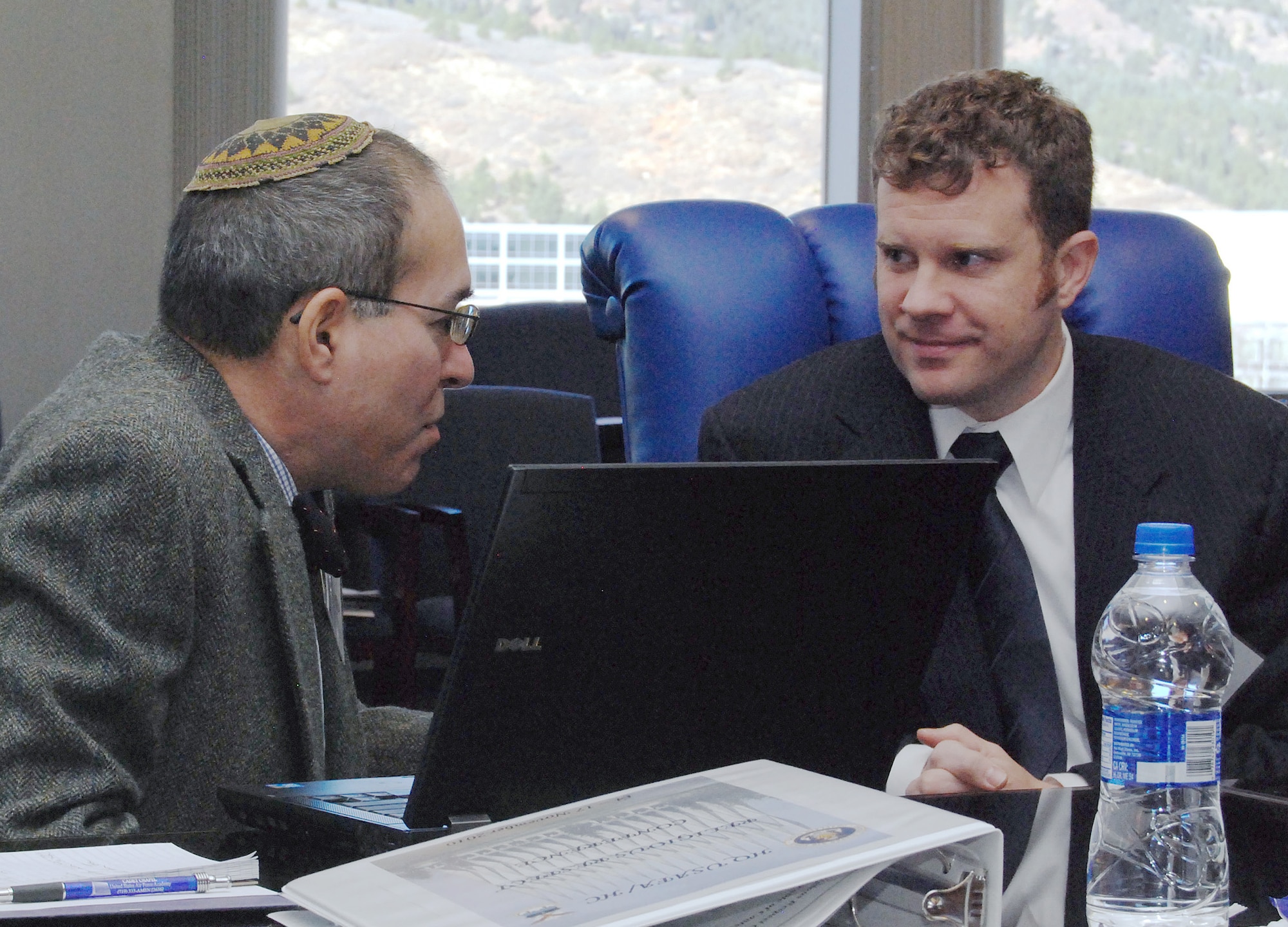 Rabbi Barry Baron and Jason Torpy talk during a break at the 2010 Religious Respect Conference Nov. 16, 2010, at the Air Force Academy, Colo. Conference topics included how to define religious respect and the roles of both commanders and chaplains in accommodating requests for religious expression. Rabbi Baron is the deputy director of the Jewish Welfare Board Jewish Chaplains Council. Mr. Torpy is the president of the Military Association of Atheists and Freethinkers. (U.S. Air Force photo/Staff Sgt. Don Branum) 