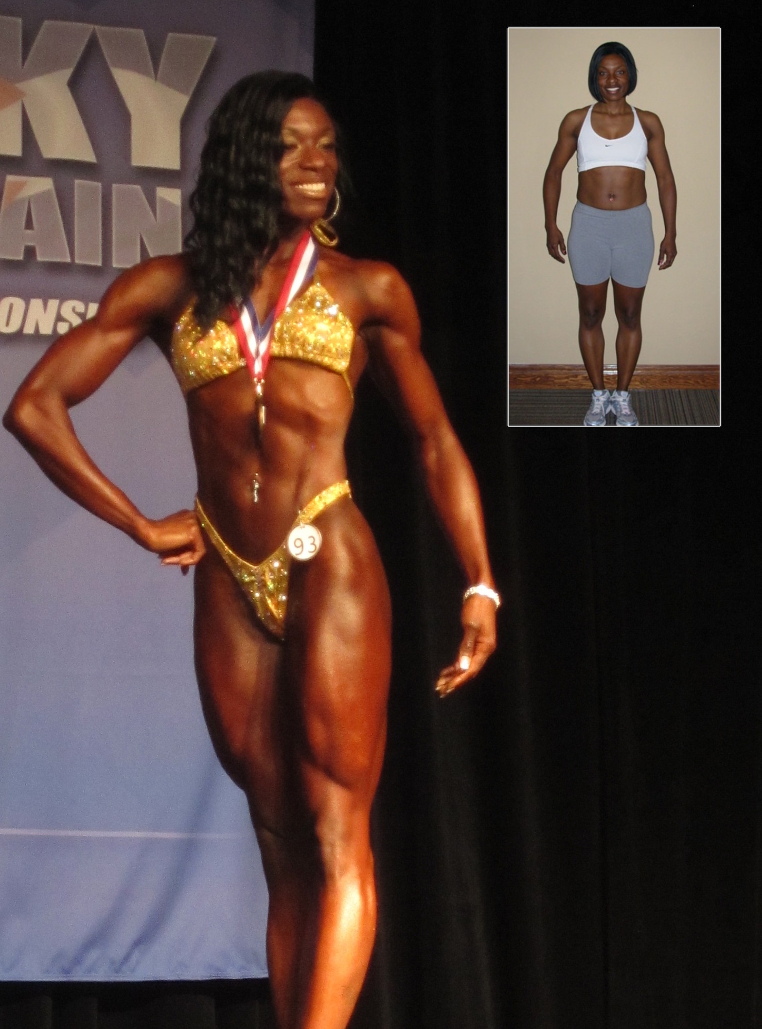 Staff Sgt. Chiquita Green poses during the Rocky Mountain Bodybuilding, Fitness, Figure and Bikini Championships in Denver Nov. 13, 2010. Inset at top right is a photo of Sergeant Green in August, before she began her bodybuilding regimen. (U.S. Air Force photo illustration)