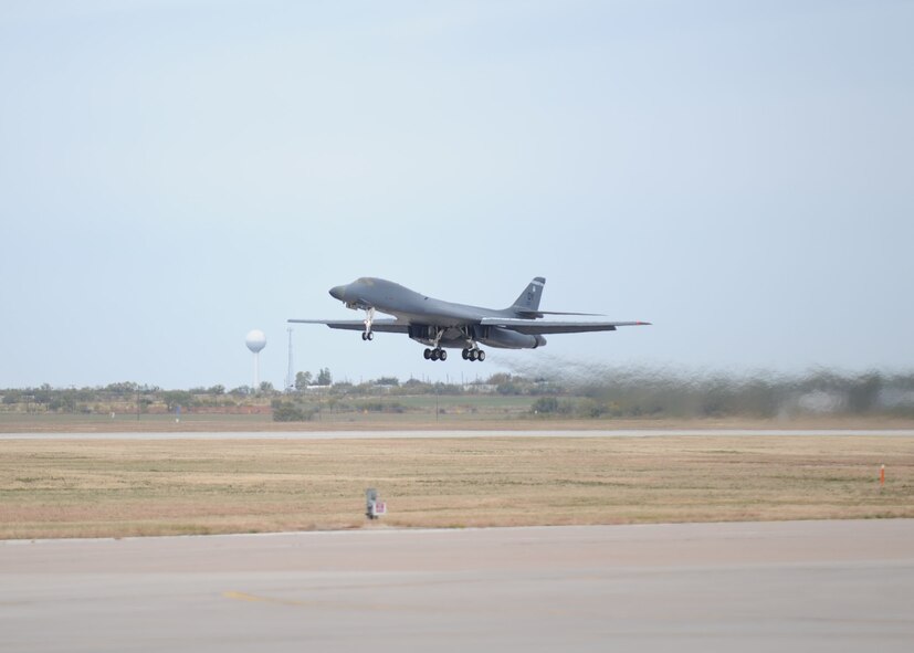 DYESS AIR FORCE BASE, Texas—A B-1 bomber takes off on the flightline Nov. 14 during an Operational Readiness Exercise here. OREs are conducted to test the capabilities and efficiencies of Airmen to ensure they are prepared for real world events. (U.S Air Force photo/ Airman 1st Class Shannon Hall)  