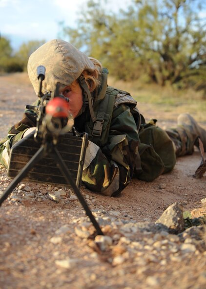 DYESS AIR FORCE BASE, Texas-- Airman 1st Class Lindsey Bowers, 7th Security Forces Squadron, secures her post Nov. 15 during an Operational Readiness Exercise here. OREs are conducted to test the capabilities and efficiencies of Airmen to ensure they are prepared for real world events. (U.S Air Force photo/ Airman 1st Class Shannon Hall)  