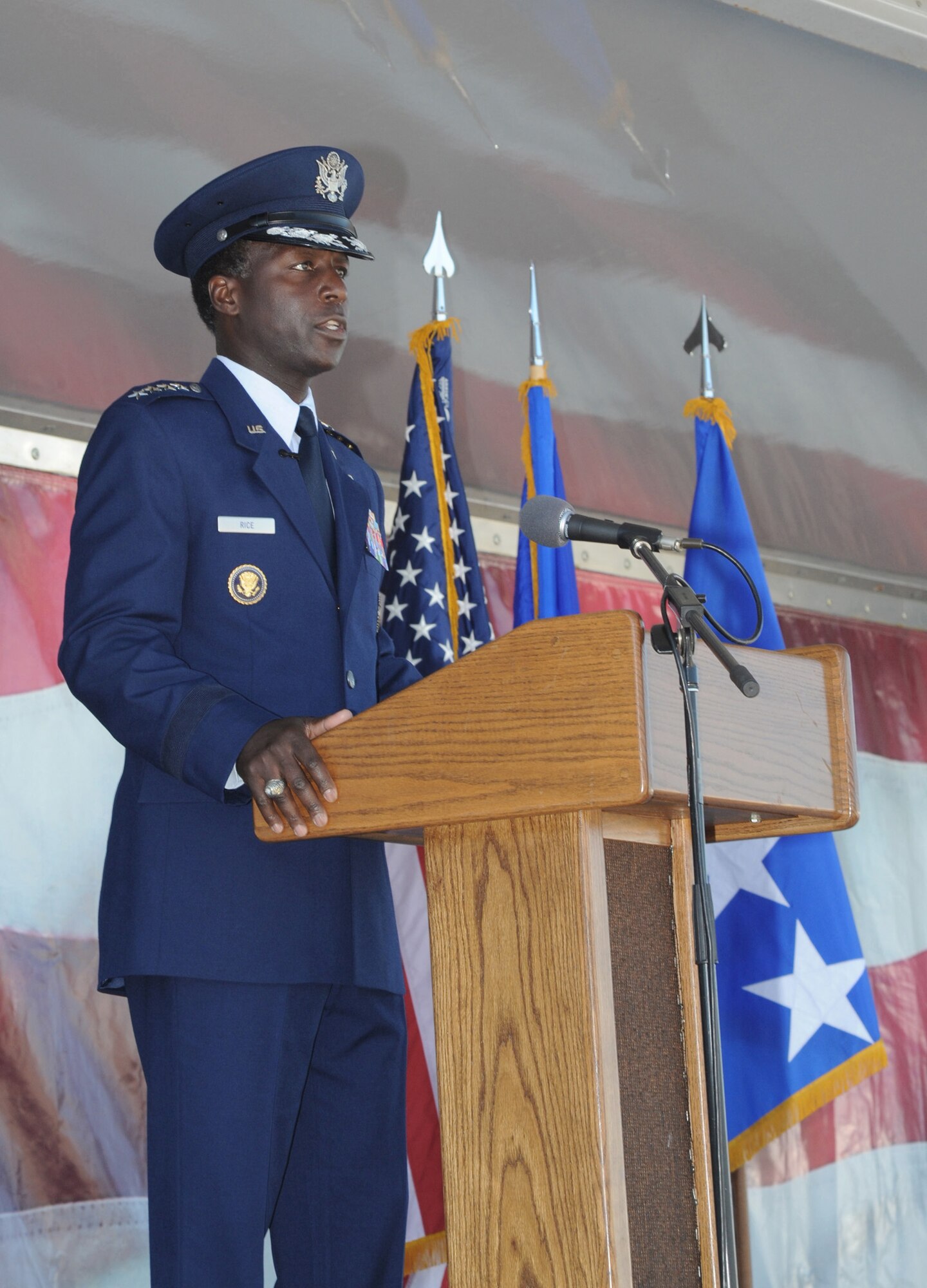 Gen. Edward A. Rice Jr., the commander of Air Education and Training Command, addresses the audience during a change of command ceremony Nov. 17, 2010, at Randolph Air Force Base, Texas. General Rice succeeded Gen. Stephen R. Lorenz as AETC commander. (U.S. Air Force photo/Melissa Peterson)