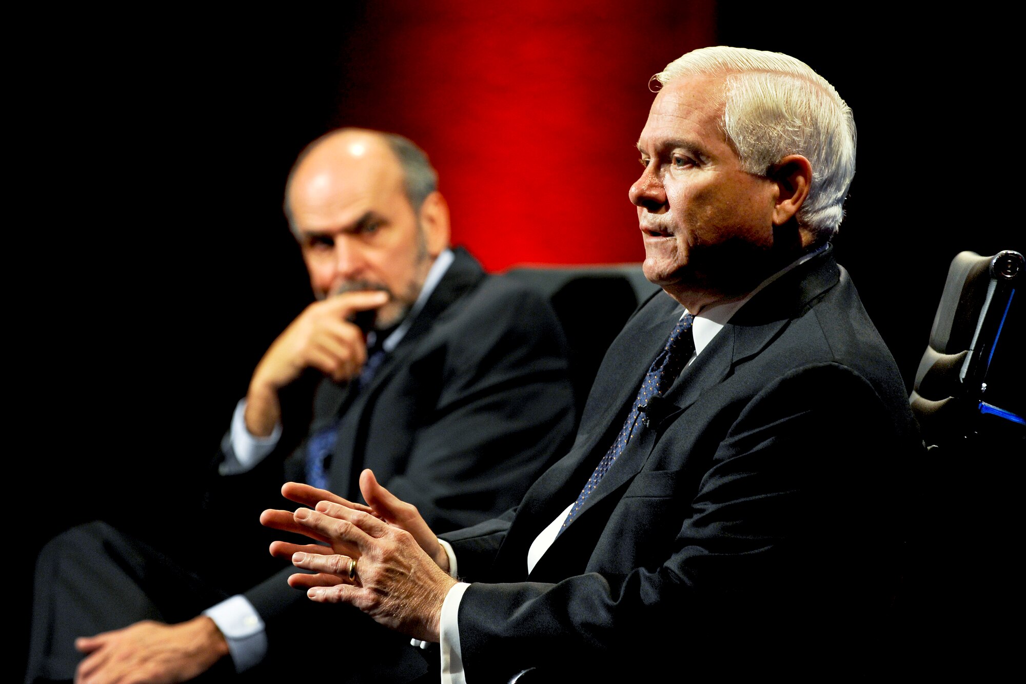 Defense Secretary Robert M. Gates (right) responds to a question during an interview with Gerald F. Seib, the Wall Street Journal's executive Washington editor, during the newspaper's CEO Council event Nov. 16, 2010, in Washington, D.C. The interview focused on upcoming budget cuts within the department. Seib also is the Wall Street Journal's assistant managing editor. (Department of Defense photo/R. D. Ward)
