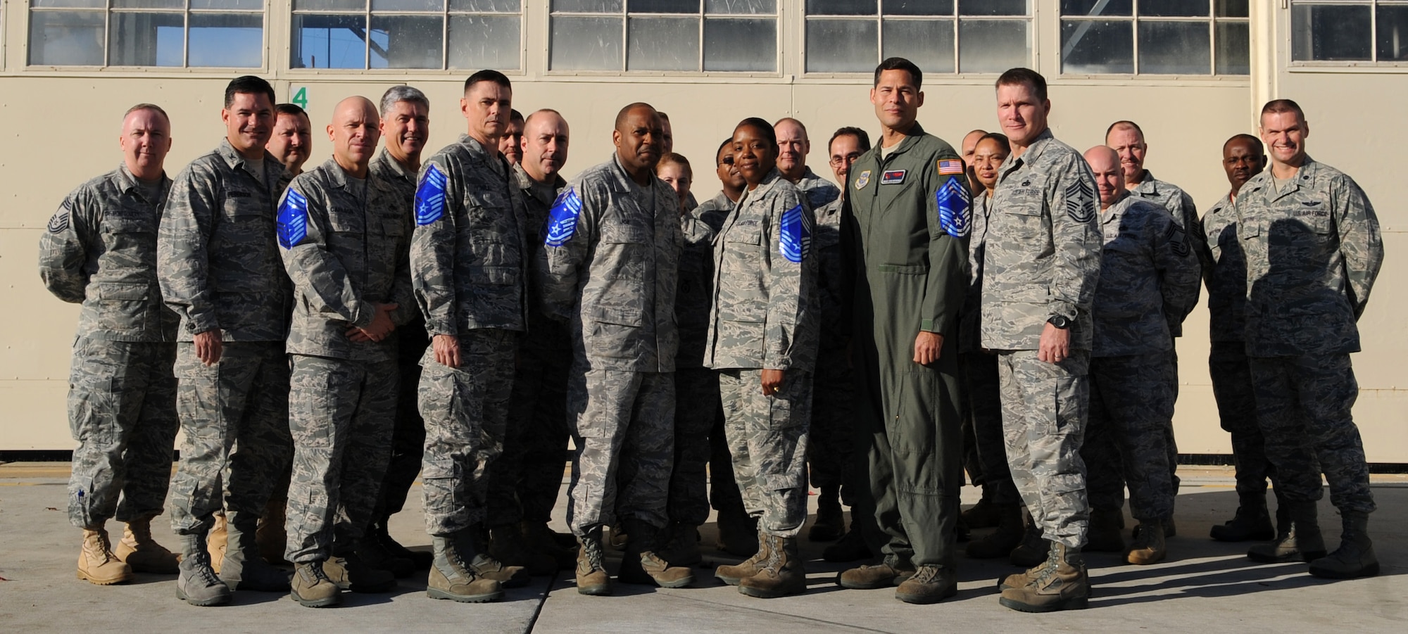SEYMOUR JOHNSON AIR FORCE BASE, N.C. - Team Seymour's newest Chief Master Sgt. selects pose for a group photo with Command Chief Master Sgt. Blake Malpass, 4 Fighter Wing Vice Commander, Shawn Pederson, and other Team Seymour Chiefs. (U.S. Air Force photo/Senior Airman Makenzie Lang)(RELEASED)