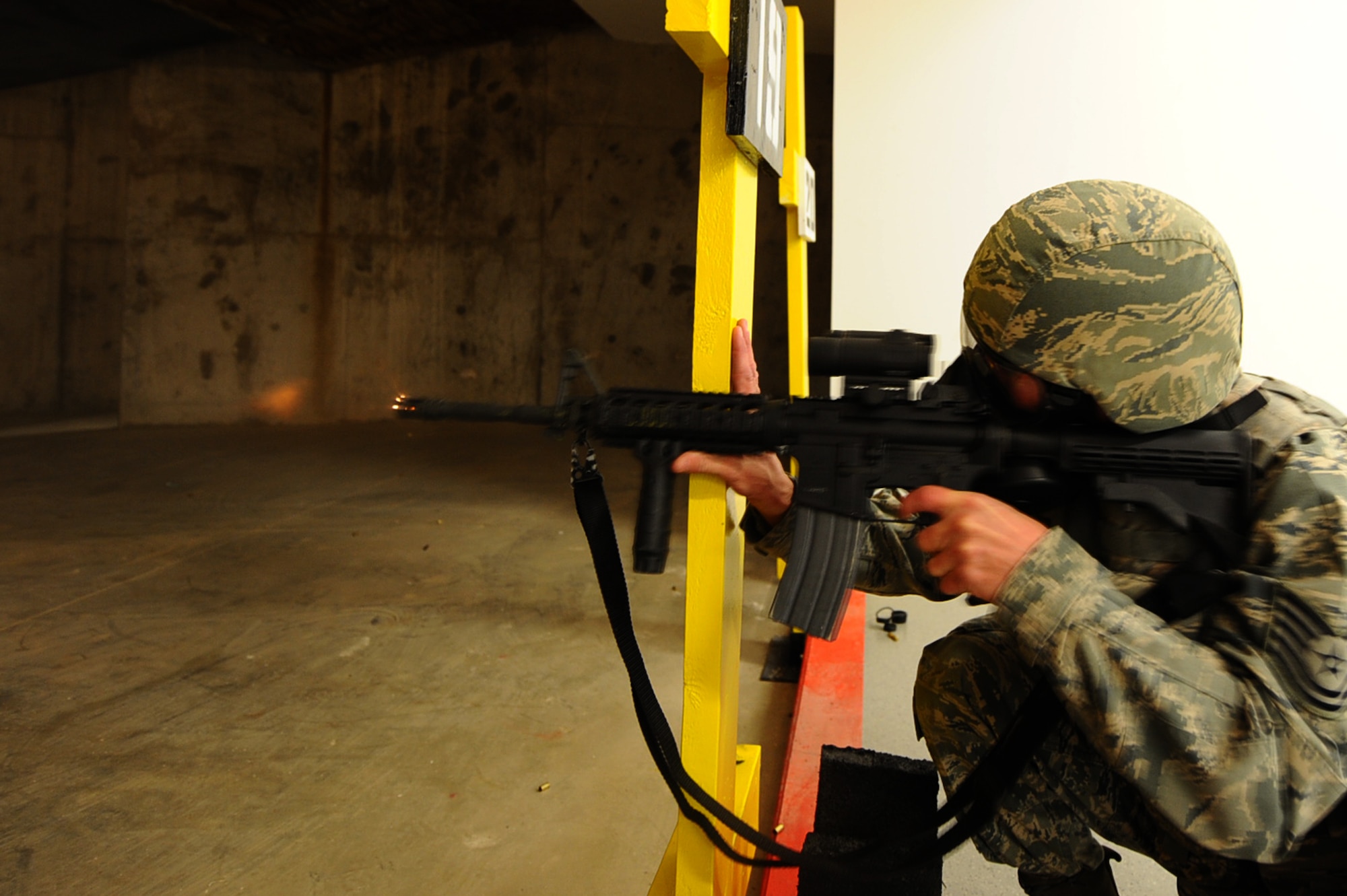 ELLSWORTH AFB, S.D. – Tech. Sgt. Joseph Wengler, 28th Security Forces Squadron flight chief, fires an M-4 rifle at a target, Nov. 9. Sergeant Wengler prepares for the Global Strike Challenge where he and his teammates will be tested on tactical movements, firing skills and security knowledge. The challenge pits missile and bomb crews, security forces, and maintainers from five Air Force Bases in head-to-head competitions as each seek to be recognized as the “best of the best.” (U.S. Air Force photo/Senior Airman Kasey Close)