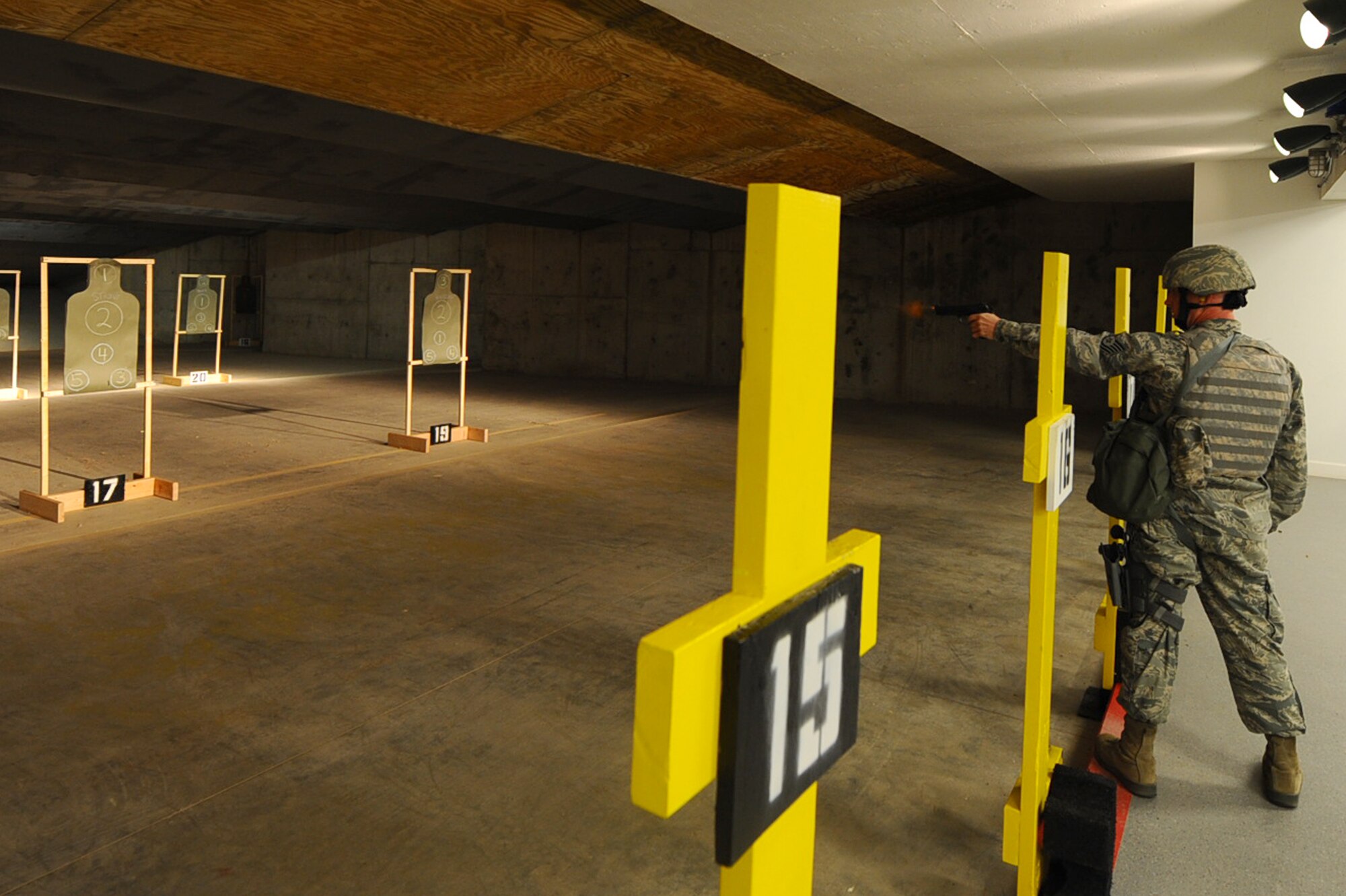 ELLSWORTH AFB, S.D. – Tech. Sgt. Joseph Wengler, 28th Security Forces Squadron flight chief, fires an M-9 Beretta pistol at a target, Nov. 9. Sergeant Wengler prepares for the Global Strike Challenge, Nov. 13 through 16. The challenge pits missile and bomb crews, security forces, and maintainers from five Air Force Bases in head-to-head competitions as each seek to be recognized as the “best of the best.” (U.S. Air Force photo/Senior Airman Kasey Close)