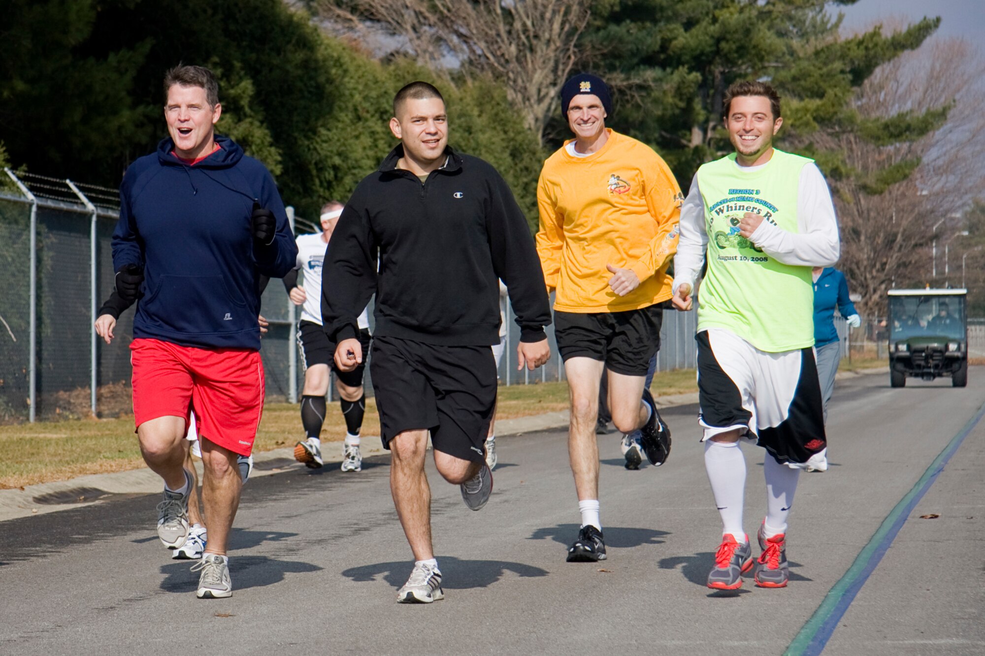 GRISSOM AIR RESERVE BASE, Ind. -- From left, Rich Percival, Raymond McNitt, Marty Foye and Brian Wright start their "Turkey Trot" run at the fitness center here Nov. 17. Participants guessed how long it would take them to run the 5-kilometer distance prior to starting the run. The top three runners whose guesses were closest to their actual run time received a turkey. While Chris Feltis finished the race the fastest with a time of 21 minutes, 58 seconds it was McNitt, Percival and Juan Hernandez who came in closest to their predicted times. Participants included Air Force Reserve, Marine Corps Reserve, civilian and contractor personnel. (U. S. Air Force photo/Tech. Sgt. Mark R. W. Orders-Woempner)
