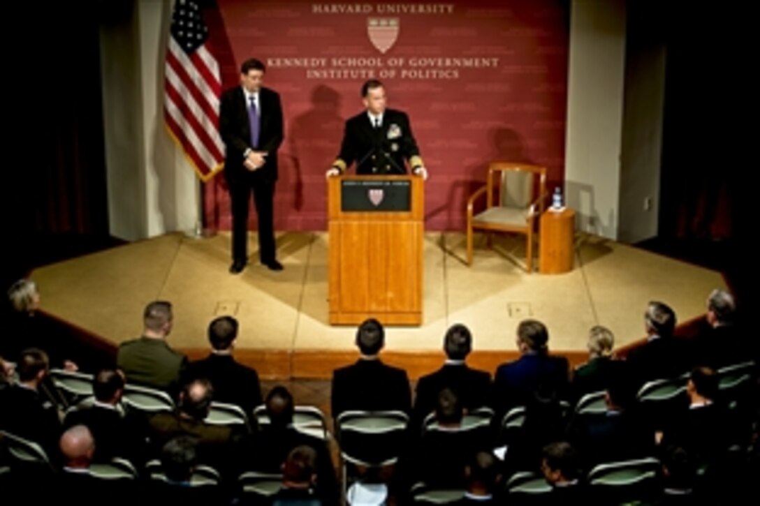 Navy Adm. Mike Mullen, chairman of the Joint Chiefs of Staff, addresses the John F. Kennedy School of Government at Harvard University in Cambridge, Mass., Nov. 17, 2010.