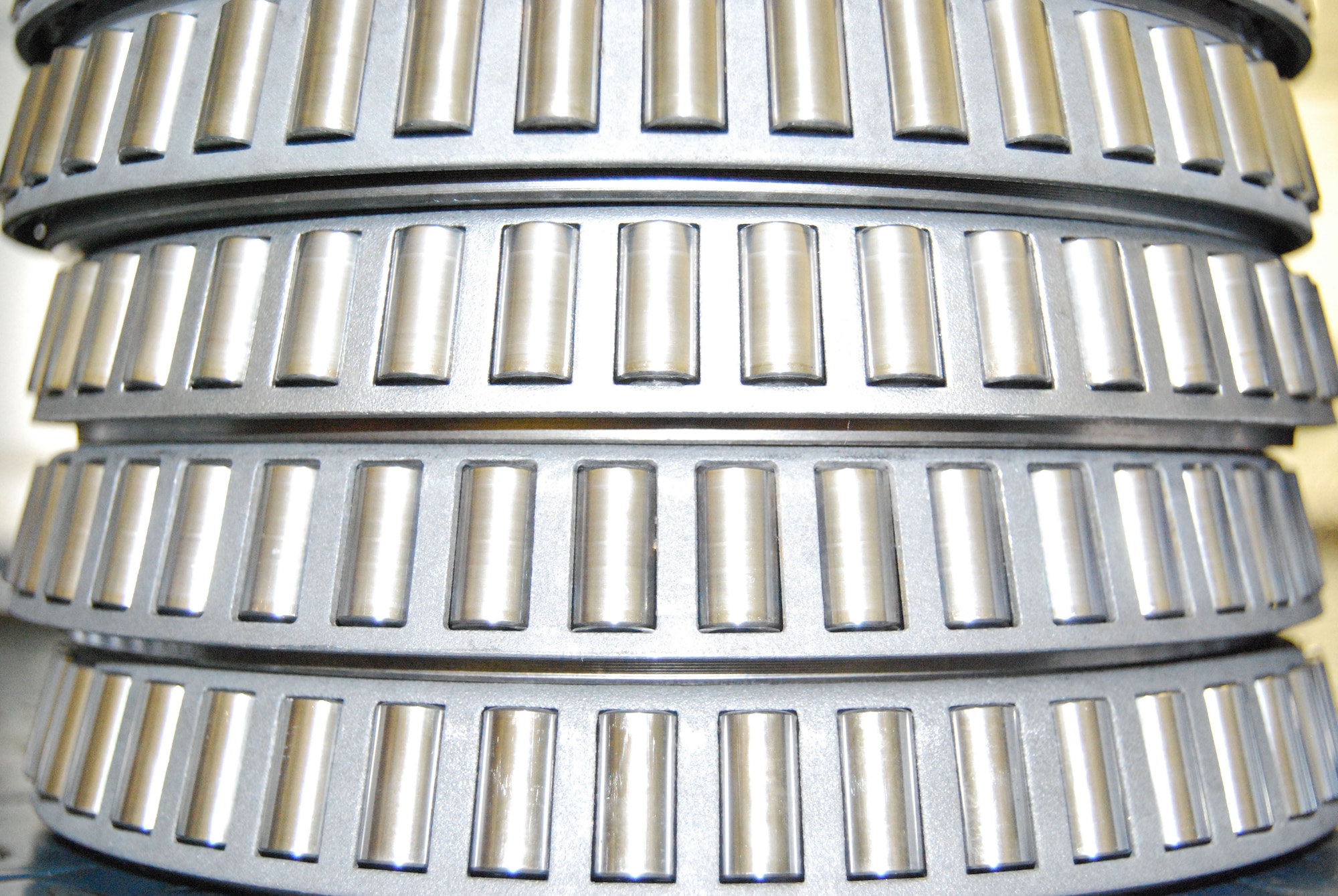 These bearings are from the main landing gear assembly of a C-5A Galaxy wheel and tire assembly. They bear the load and keep the aircraft tires turning while taxiing. (U.S. Air Force Photo/Master Sgt. Collen McGee)