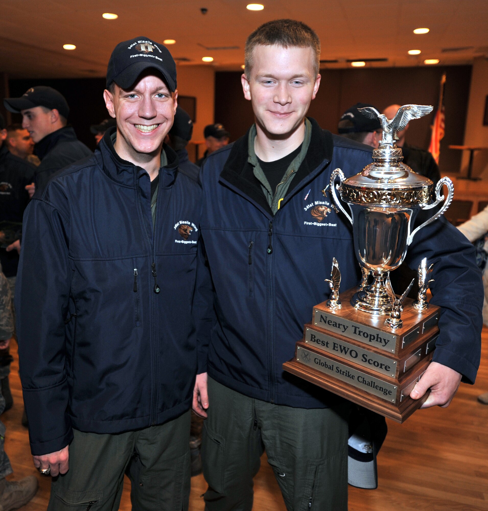 Capt. Kevin Hullihan and 1st Lt. Brian Marlow, 490th Missile Squadron, brought home the Neary Trophy for being named the best Emergency War Orders team at the inaugural Global Strike Challenge competition. (U.S. Air Force photo/John Turner)