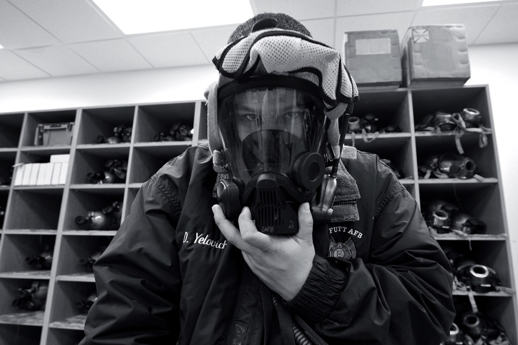 OFFUTT AIR FORCE BASE, Neb. - David Yelovich, fire fighter with the 55th Civil Engineering Squadron, poses for a photo with an oxygen mask inside the Offutt Fire Station Nov. 15. Firefighters here work 24-hour shifts and respond to emergencies both on and off base. They recently sent a team to compete in the World's Firefighter Combat Challenge in South Carolina where they placed 31st out of 200 teams.

U.S. Air Force Photo by Charles Haymond (Released)