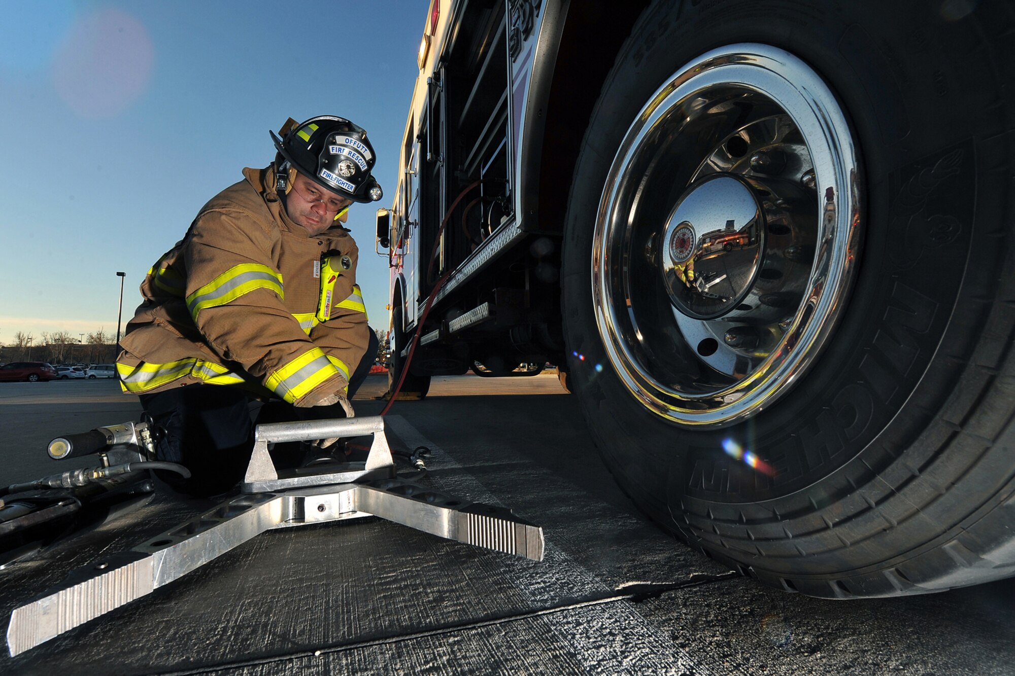 OFFUTT AIR FORCE BASE, Neb. - David Yelovich, fire fighter with the 55th Civil Engineering Squadron, does a weekly equipment check on the Jaws of Life outside the Offutt Fire Station Nov. 15. Firefighters here work 24-hour shifts and respond to emergencies both on and off base. They recently sent a team to compete in the World's Firefighter Combat Challenge in South Carolina where they placed 31st out of 200 teams. 

U.S. Air Force Photo by Charles Haymond (Released)