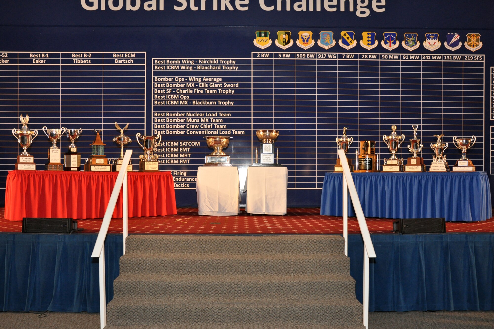 Trophies adorn the stage for the first-ever Global Strike Challenge score postings in Hoban Hall at Barksdale AFB, La., Nov. 16, 2010. More than 400 Airmen from many bases joined in the competition that began in April. The competition wraps up Nov. 17, with the awarding of trophies to the final winners. (U.S. Air Force photo/Tech. Sgt. Jeff Walston)
