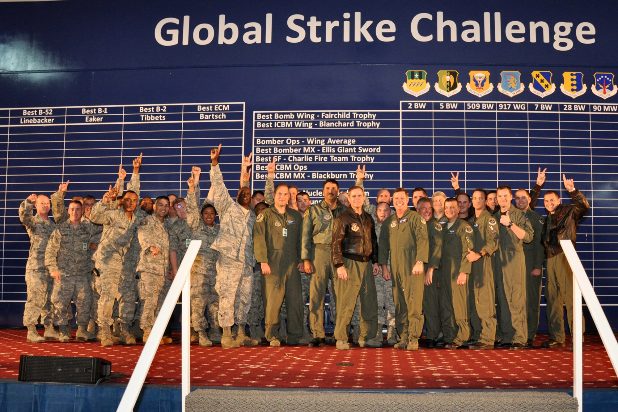 The team from 917th Wing pose for a group photo after their entrance into Hoban Hall for the first night of score postings at Barksdale Air Force Base, La., during the first-ever Global Strike Challenge, Nov. 16, 2010. More than 400 Airmen from many bases joined in the competition that began in April. The competition wraps up November 17, with the awarding of trophies to the final winners. (U.S. Air Force photo/Tech. Sgt. Jeff Walston)