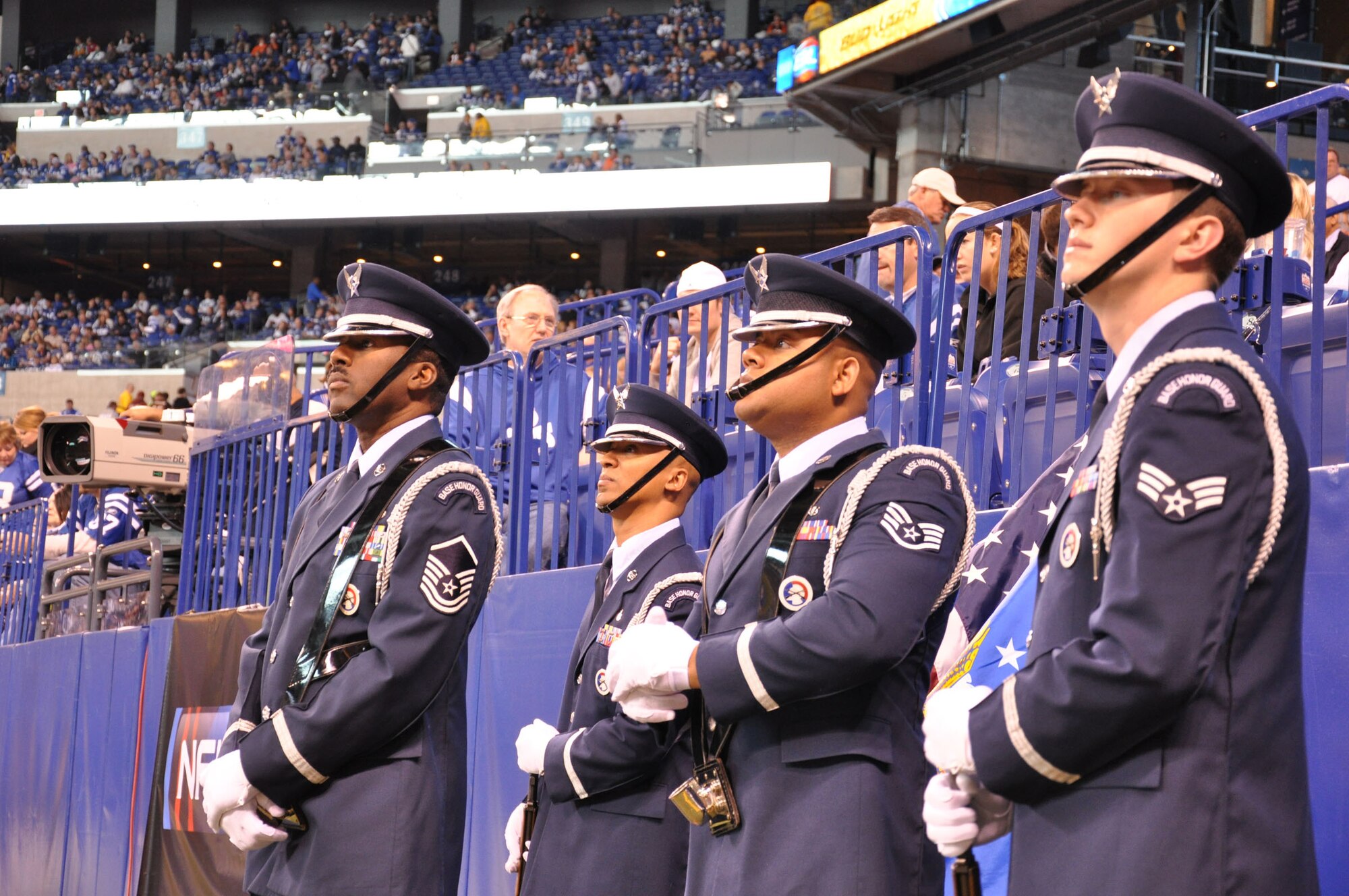 WRIGHT-PATTERSON AIR FORCE BASE, Ohio – Master Sgt Mark Lyle, Superintendent, Wright-Patterson Air Force Base Honor Guard, waits to lead the honor guard onto the field during pre-game activities Nov. 14 during the Cincinnati Bengals versus Indianapolis Colts in Indianapolis, Ind.  Reservists from the 445th Airlift Wing also participated on the field by holding a large flag during the National Anthem as part of the pre-game activities. (U.S. Air Force photo/Capt. Rod McNany)
