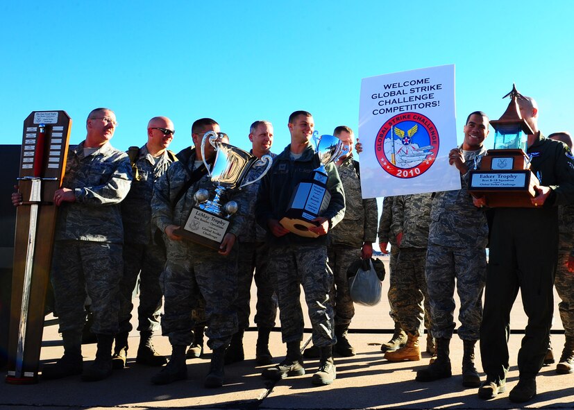DYESS AIR FORCE BASE, Texas—Dyess Airmen bring home five trophies Nov. 18 after attending a two-day Global Strike Challenge award ceremony at Barksdale Air Force Base, La. Global Strike Challenge is the world’s premier bomber, intercontinental ballistic missile and security forces competition with units from Air Force Global Strike Command, Air Combat Command, Air Force Reserve Command and the Air National Guard. Team Dyess earned the Mithcell Trophy for Best Bomb, only 9 feet away from the target; Eaker Trophy for Best B-1 Operations; Best Bomb Munitions Maintenance Team Trophy; Ellis Giant Sword Trophy for Best Bomb Wing Maintenance; and the LeMay Trophy for Best Bomb Squadron, the 7th Operations Support Squadron. (U.S. Air Force photo/Airman 1st Class Brittney Frees)