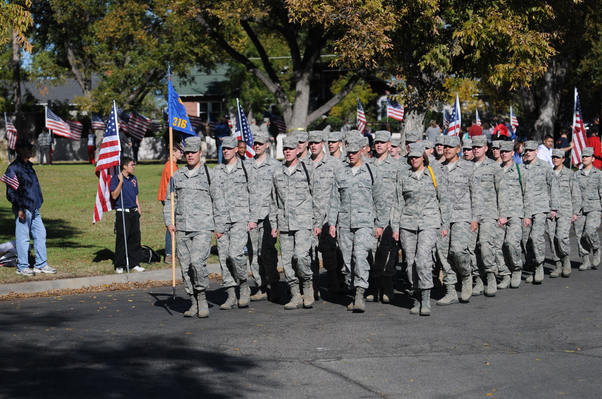 SAN ANGELO, Texas -- Airmen from the 316th Training Squadron march during the Hunt for Heroes parade Nov. 19 through the Santa Fe park in downtown San Angelo. (U.S. Air Force photo/Airman 1st Class Clayton Lenhardt)
