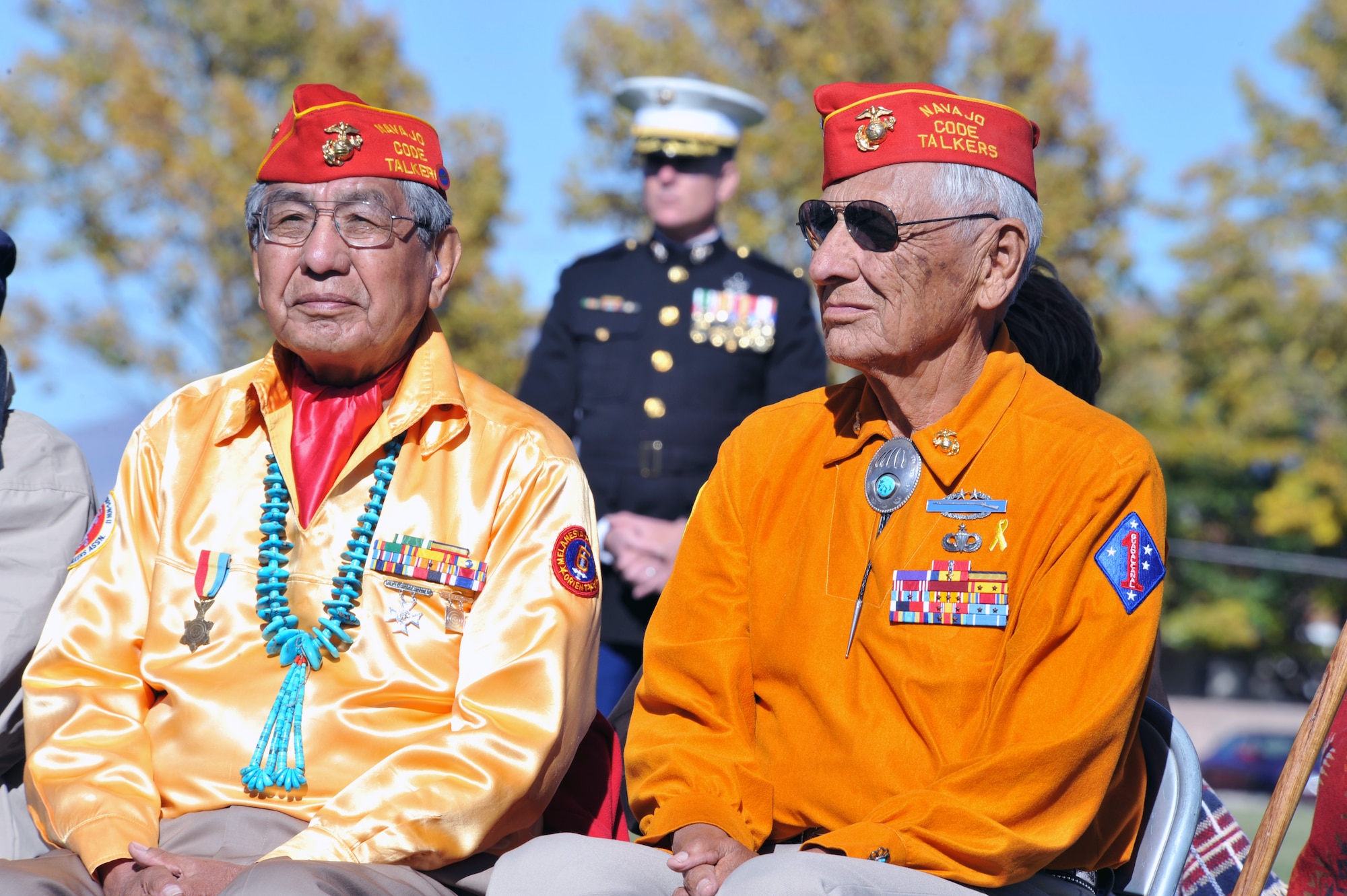 Navajo Code Talkers Peter Macdonald (left) and Roy Hawthorne participated in a ceremony Nov. 10, 2010, at Kirtland Air Force Base, N.M. to pay tribute to veterans and to celebrate Native American Heritage Month. (U.S. Air Force photo)