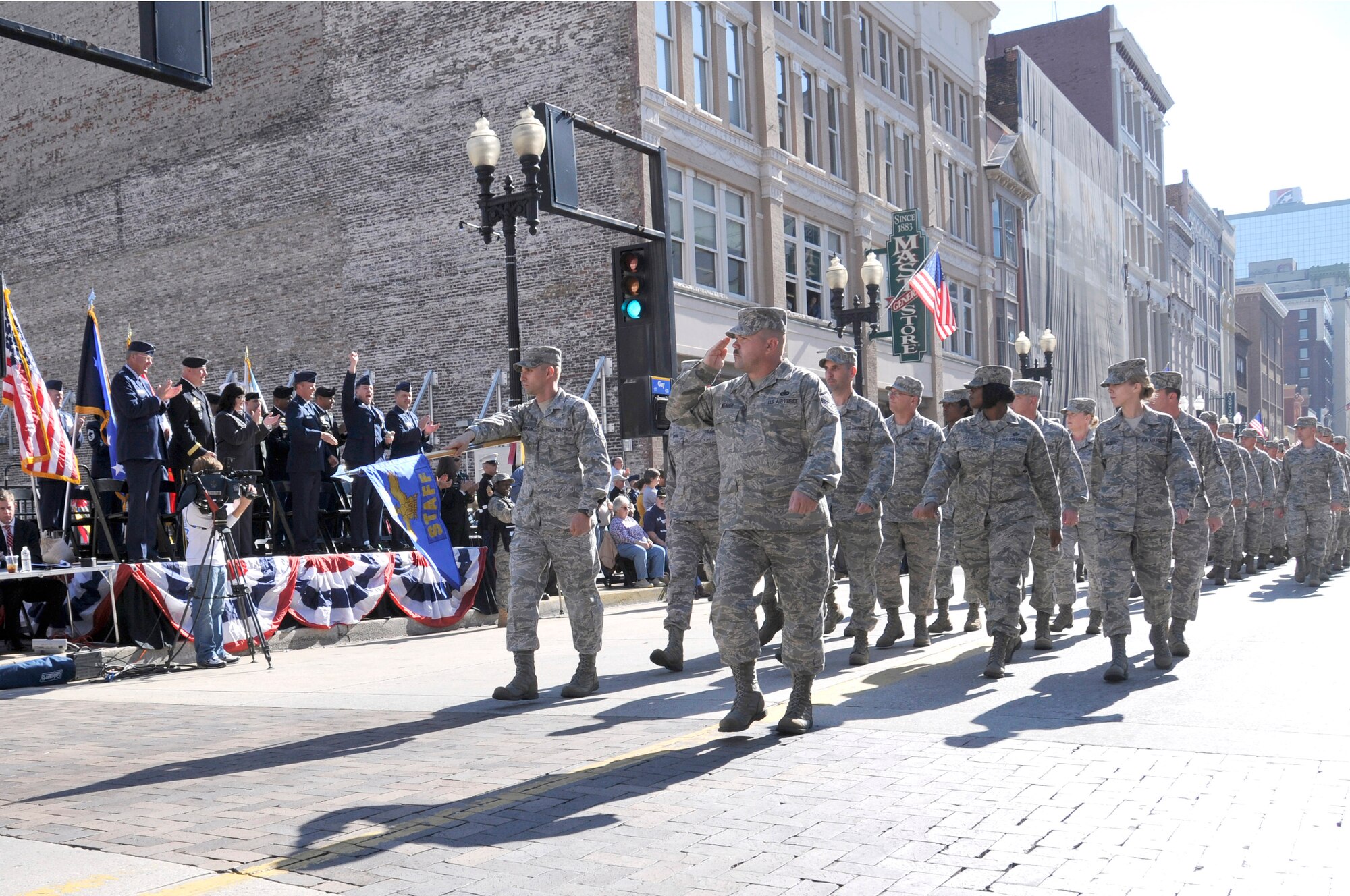 KNOXVILLE, Tenn. - Members of The I.G. Brown Air National Guard Training and Education Center at McGhee Tyson Air National Guard Base here march in the 85th annual Veteran's Day parade in downtown Knoxville, Nov 11, 2010. Gen. Craig R. McKinley, chief of the National Guard Bureau, and military leaders from Tennessee watch from the reviewing stand. (U.S. Air Force photo by Master Sgt. Kurt Skoglund/Released)