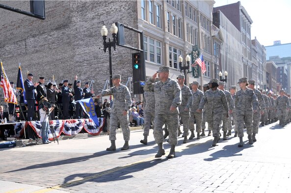 KNOXVILLE, Tenn. - Members of The I.G. Brown Air National Guard Training and Education Center at McGhee Tyson Air National Guard Base here march in the 85th annual Veteran's Day parade in downtown Knoxville, Nov 11, 2010. Gen. Craig R. McKinley, chief of the National Guard Bureau, and military leaders from Tennessee watch from the reviewing stand. (U.S. Air Force photo by Master Sgt. Kurt Skoglund/Released)