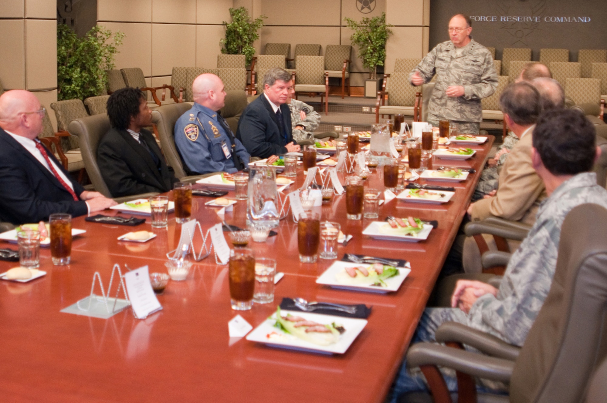 Lt. Gen. Charles E. Stenner Jr., commander of Air Force Reserve Command, speaks to local employers and fellow military officers at a luncheon Nov. 18, 2010, at Headquarters AFRC, Robins Air Force Base, Ga. The meeting gave the employers and reserve officers an opportunity to discuss employer issues. (U.S. Air Force photo/Staff Sgt. Alexy Saltekoff)