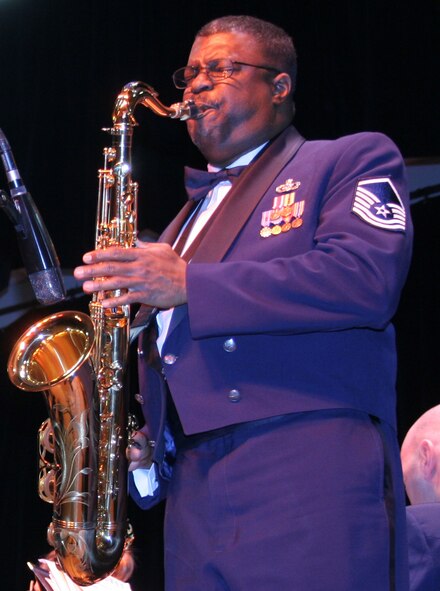 Saxophonist Master Sgt. JP Banks plays a solo during a Band of Flight performance.  Tickets for the Band of Flight's upcoming holiday concerts will be available starting November 22. (Air Force photo by 2nd Lt. Daniel W. Boothe)
