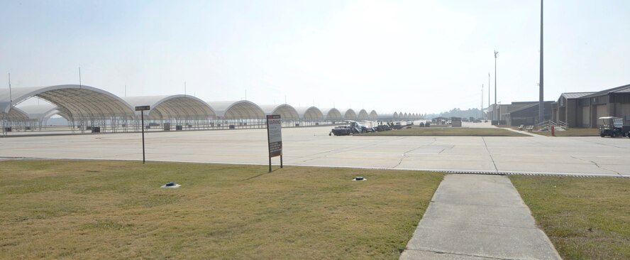 MOODY AIR FORCE BASE, Ga. -- With visibility reduced to less than one-quarter mile and flying operations halted for the day, the A-10C Thunderbolt II aircraft parking ramp looks deserted Nov. 19. A swamp fire in Clinch County, Ga., has caused several flying operations to be cancelled, including in-flight refueling, sortie flights and A-10 East Demonstration Team flights. (U.S. Air Force photo/Airman 1st Class Benjamin Wiseman)(RELEASED) 

