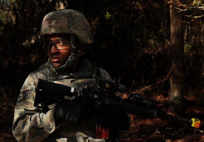 MOODY AIR FORCE BASE, Ga.-- Staff. Sgt. Wilson, Dea Metrice Wilson, 23rd Security Forces Squadron team leader, looks back to check on her patrol team and make sure they’re not left behind during a Phase II Operational Readiness Exercise Nov. 17. Besides having a main leader, three separate teams were assigned individual leaders who provided them instructions to maneuver in the field. (U.S. Air Force photo/Airman 1st Class Joshua Green)(RELEASED)
