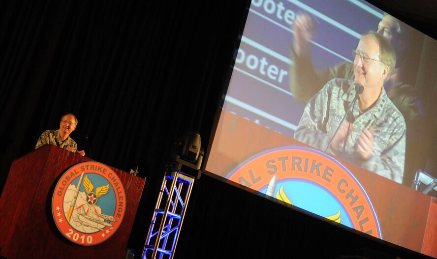 Lt. Gen. Frank Klotz, commander of Air Force Global Strike Command, speaks during the score event held at Hoban Hall at Barksdale Air Force Base, La., Nov. 16. The Global Strike Challenge is AFGSC's first, command-wide competition involving approximately 400 participants. (U.S. Air Force photo/Senior Airman Alexandra M. Boutte)